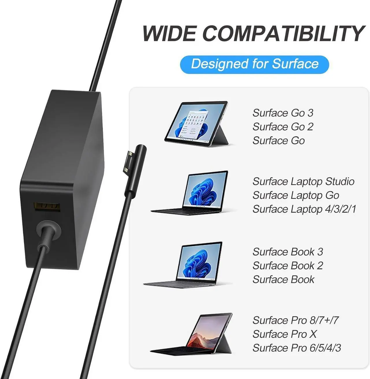 Alt view image 3 of 7 - 65W Surface Pro Laptop Charger- Surface Pro Charger for Windows Surface Laptop 6 5 4 3 2 1  Surface Pro10 9 8 7+ 7 6 5 4 3 X Surface Book3 2 1 Surface Go Tablet Support 44W 36W 10FT