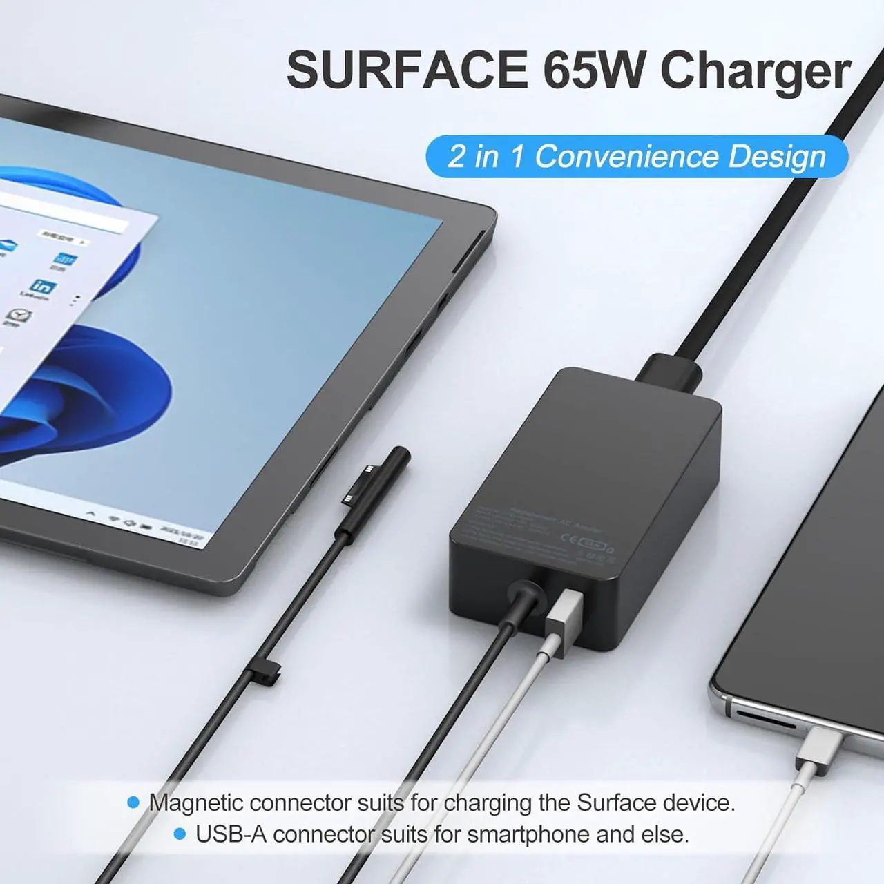 Alt view image 4 of 7 - 65W Surface Pro Laptop Charger- Surface Pro Charger for Windows Surface Laptop 6 5 4 3 2 1  Surface Pro10 9 8 7+ 7 6 5 4 3 X Surface Book3 2 1 Surface Go Tablet Support 44W 36W 10FT