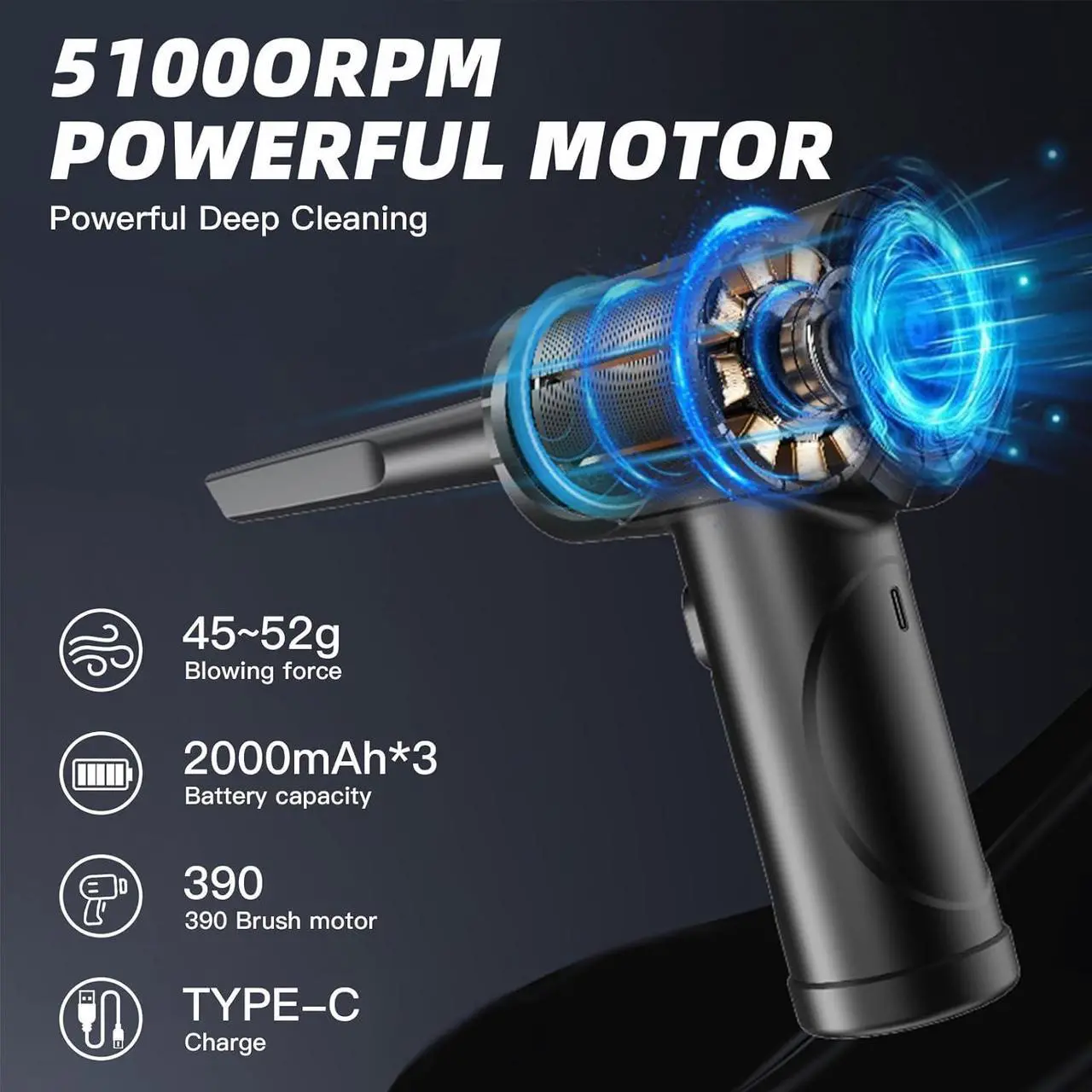 Alt view image 5 of 7 - Kairiyard Compressed Air Duster, 51000RPM Electric Air Duster Good Replace Compressed Canned Air 6000mAh Rechargeable Portable Cordless Air Duster Can for Computer PC Keyboard Electronics Cleaning
