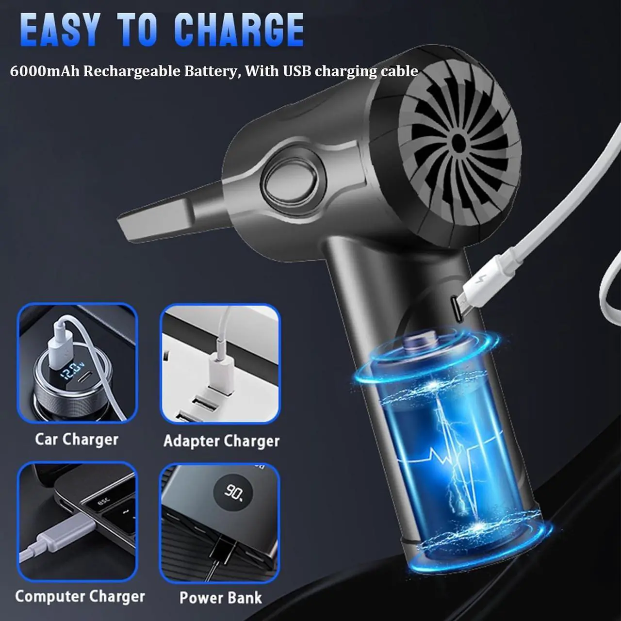 Alt view image 6 of 7 - Kairiyard Compressed Air Duster, 51000RPM Electric Air Duster Good Replace Compressed Canned Air 6000mAh Rechargeable Portable Cordless Air Duster Can for Computer PC Keyboard Electronics Cleaning
