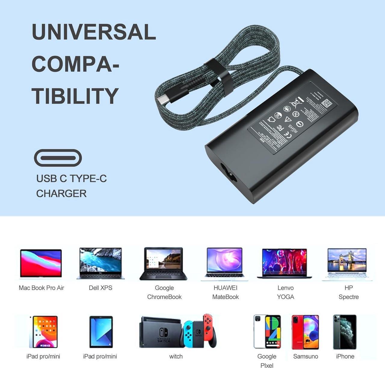 Alt view image 4 of 7 - 65W USB-C Charger for HP EliteBook 830 835 840 845 860 865 640 650 1040 G8/G9/G10/G11 & ProBook 440 445 450 455 460 465 G8/G9/G10/G11 - Fast Charging Power Adapter for HP Envy x360 15 & More Laptops