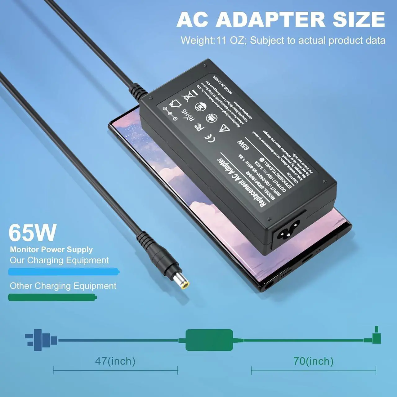 Alt view image 2 of 6 - 19V Power Cord for Acer Monitor SB220Q R240HY S230HL SA230 SB230 H236HL SB240Y SB270 SA270 S201HL S231HL S271HL S240HL S241HL G276HL Replacement 65W LCD LED Display Power Supply AC Adapter Charger