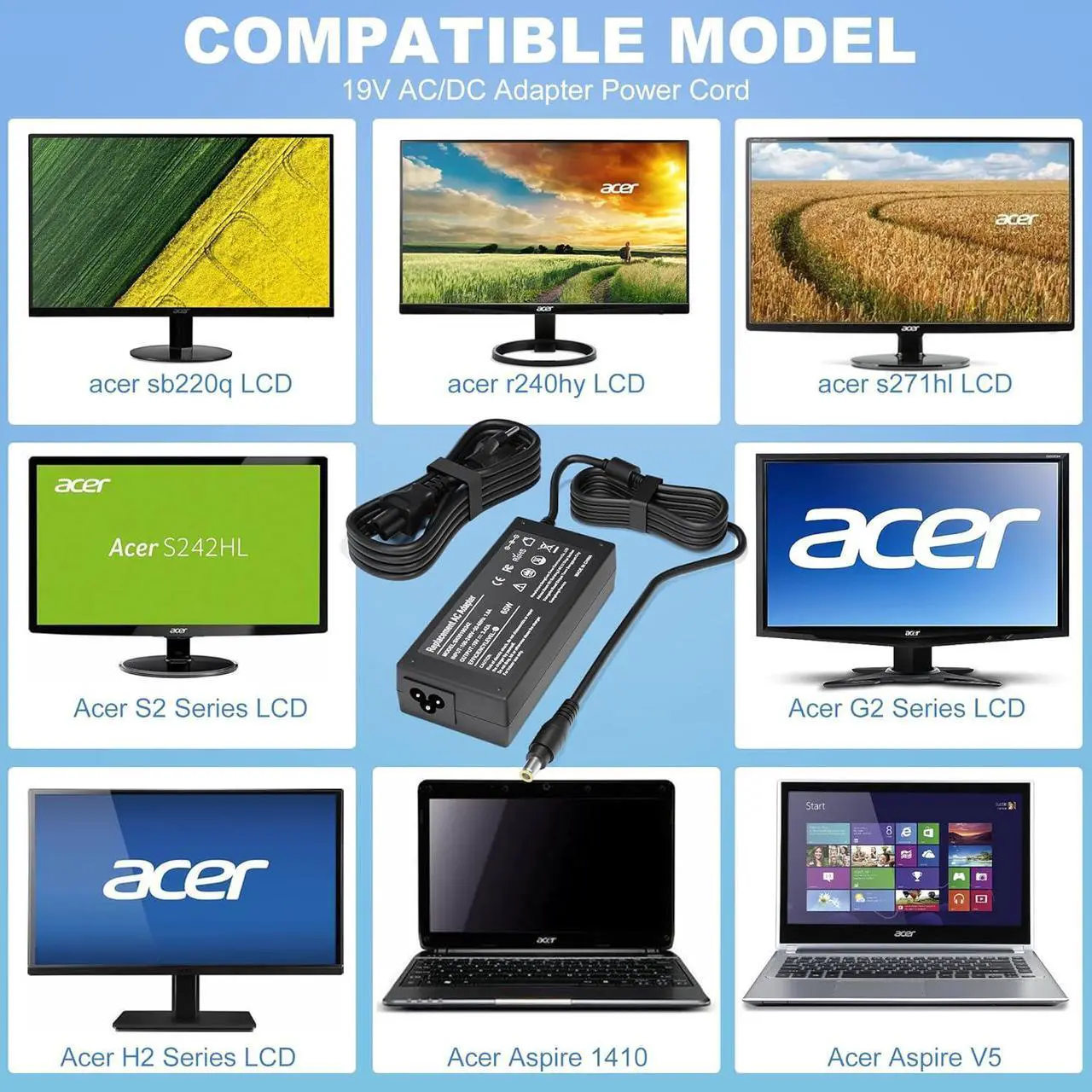 Alt view image 3 of 6 - 19V Power Cord for Acer Monitor SB220Q R240HY S230HL SA230 SB230 H236HL SB240Y SB270 SA270 S201HL S231HL S271HL S240HL S241HL G276HL Replacement 65W LCD LED Display Power Supply AC Adapter Charger