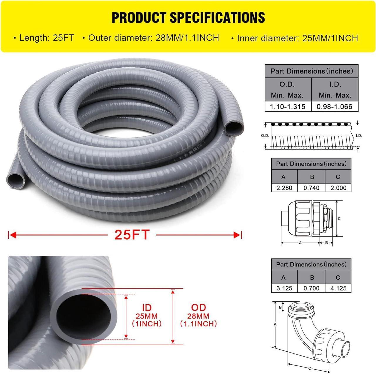 Alt view image 2 of 6 - DWALE Liquid-Tight Conduit and Connector Kit,Flexible Non Metallic Liquid Tight Electrical Conduit,1inch25ft Electrical Conduit Kit,with5 Straight and3 Angle Fittings Included,1 in. Dia (25FT)