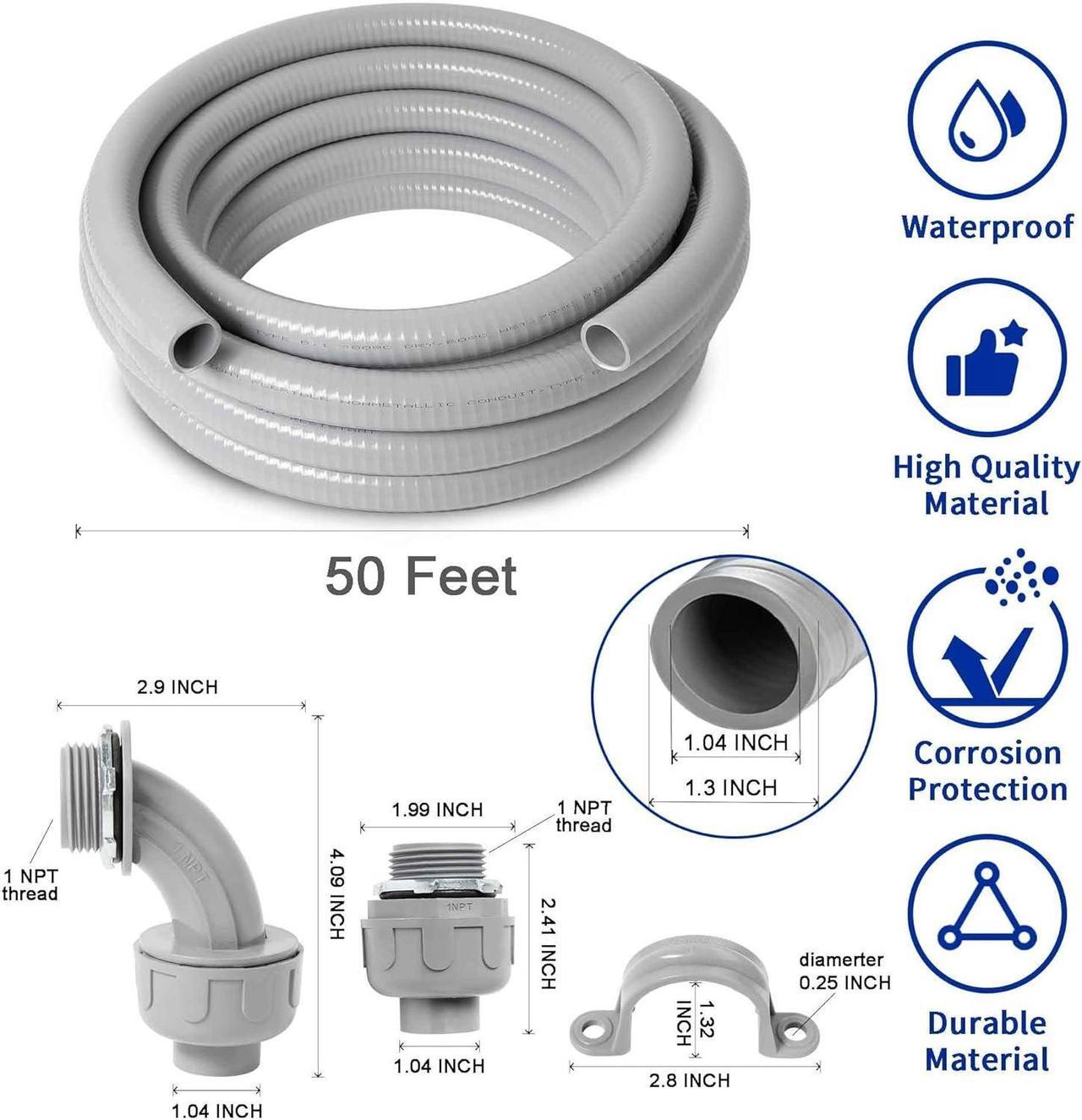Alt view image 2 of 7 - (1 inch Dia * 50 Feet) Yariwiz Flexible Electrical Conduit Liquid Tight PVC Conduit Kit with 5 PCS Coupling, 3 PCS Elbow and 10 PCS Strap, Sealtight Seal Flex Liquidtight Outdoor Non Metallic Grey