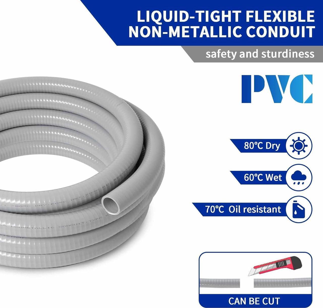 Alt view image 3 of 7 - (1 inch Dia * 50 Feet) Yariwiz Flexible Electrical Conduit Liquid Tight PVC Conduit Kit with 5 PCS Coupling, 3 PCS Elbow and 10 PCS Strap, Sealtight Seal Flex Liquidtight Outdoor Non Metallic Grey
