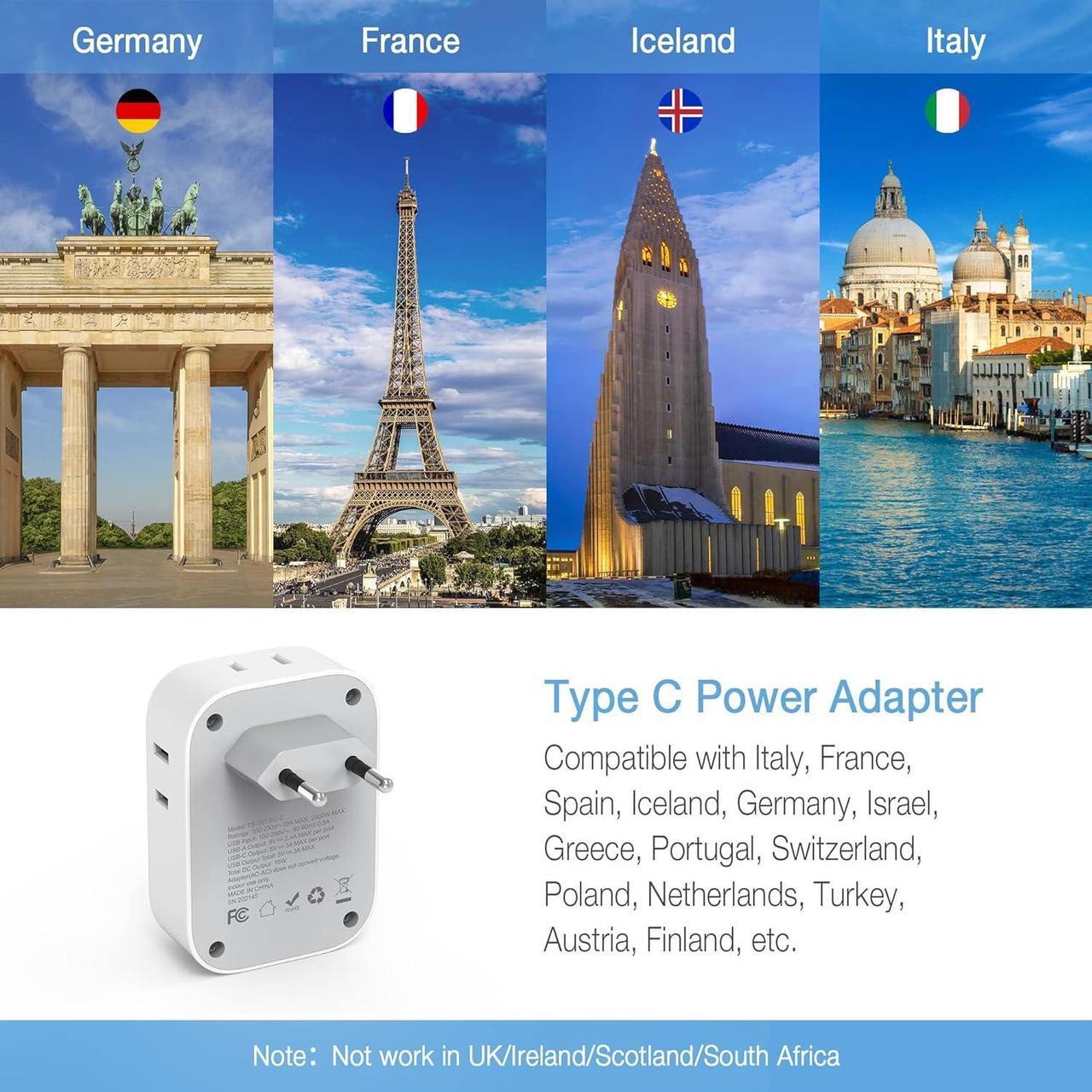 Alt view image 2 of 6 - European Travel Plug Adapter USB C International Plug Adapter with 4 AC Outlets and 3 USB Ports Type C Power Adaptor Charger for US to Most of Europe Iceland Spain Italy France Germany