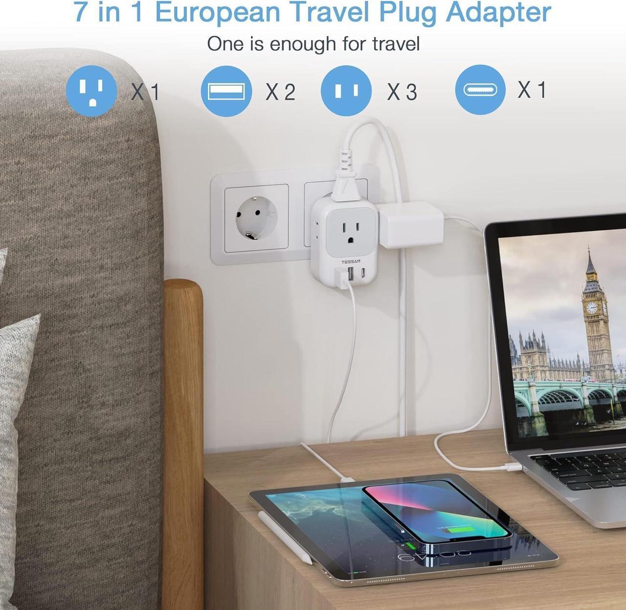 Alt view image 3 of 6 - European Travel Plug Adapter USB C International Plug Adapter with 4 AC Outlets and 3 USB Ports Type C Power Adaptor Charger for US to Most of Europe Iceland Spain Italy France Germany