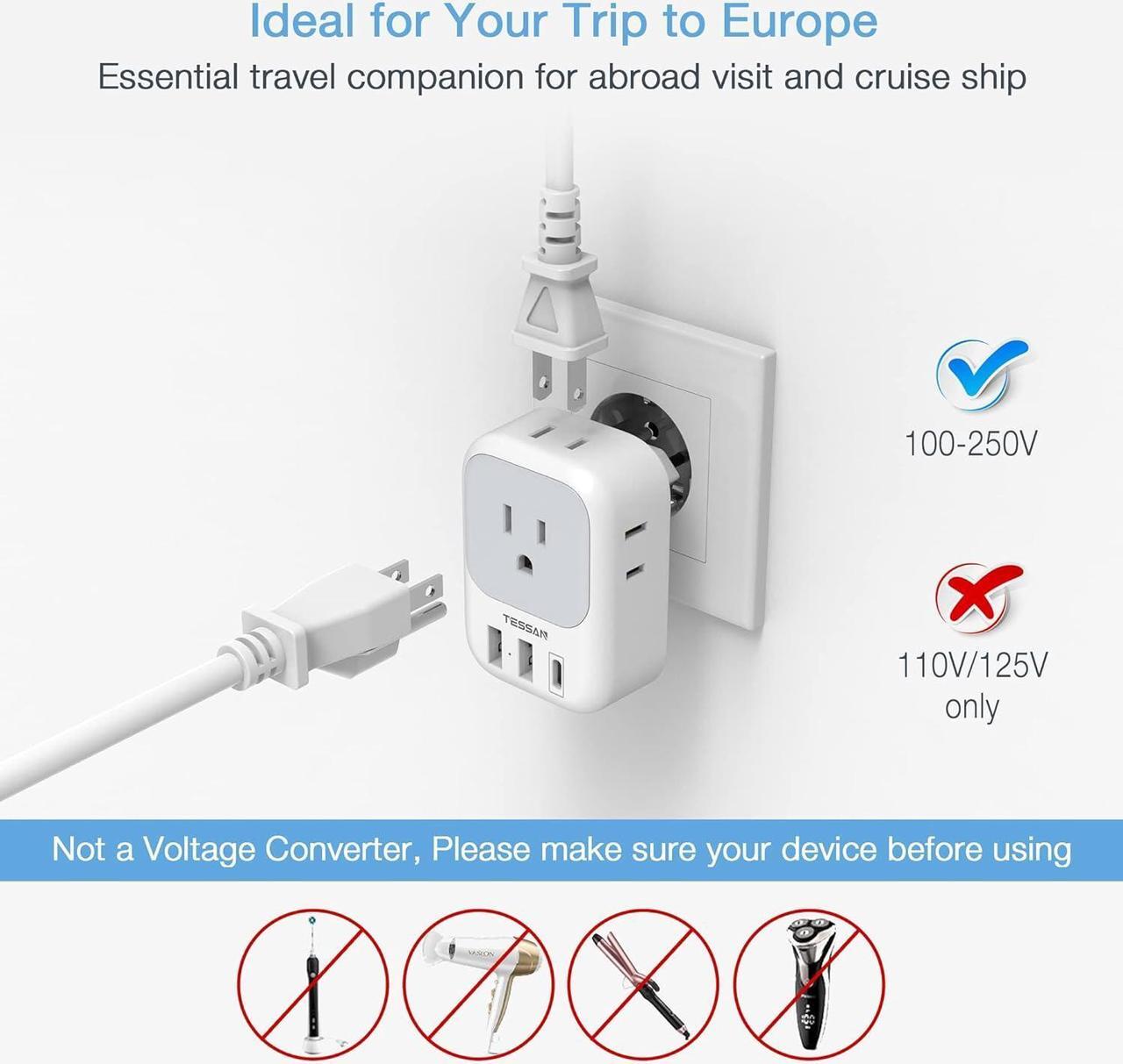 Alt view image 4 of 6 - European Travel Plug Adapter USB C International Plug Adapter with 4 AC Outlets and 3 USB Ports Type C Power Adaptor Charger for US to Most of Europe Iceland Spain Italy France Germany