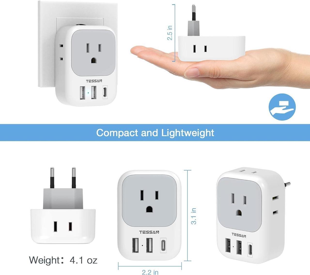 Alt view image 6 of 6 - European Travel Plug Adapter USB C International Plug Adapter with 4 AC Outlets and 3 USB Ports Type C Power Adaptor Charger for US to Most of Europe Iceland Spain Italy France Germany