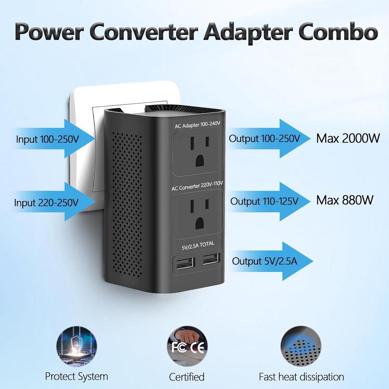 Alt view image 6 of 7 - 220V to 110V Voltage Converter US to Europe, Universal European Travel Plug Adapter Power Coverter with 2 USB Ports and EU/UK/AU/US International Outlet Adapter