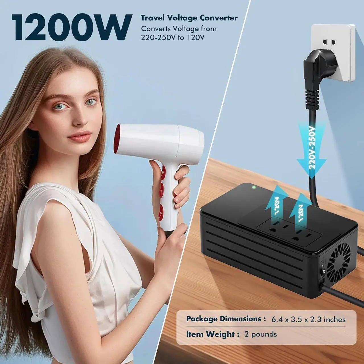 Alt view image 4 of 7 - 1200W Universal Travel Adapter Converter Step-Down 220V to 110V, 2 lbs Light Weight, Stable Pure Sine Wave, for Hair dryers, straighteners, Curling Irons, Coffee Makers (Black)