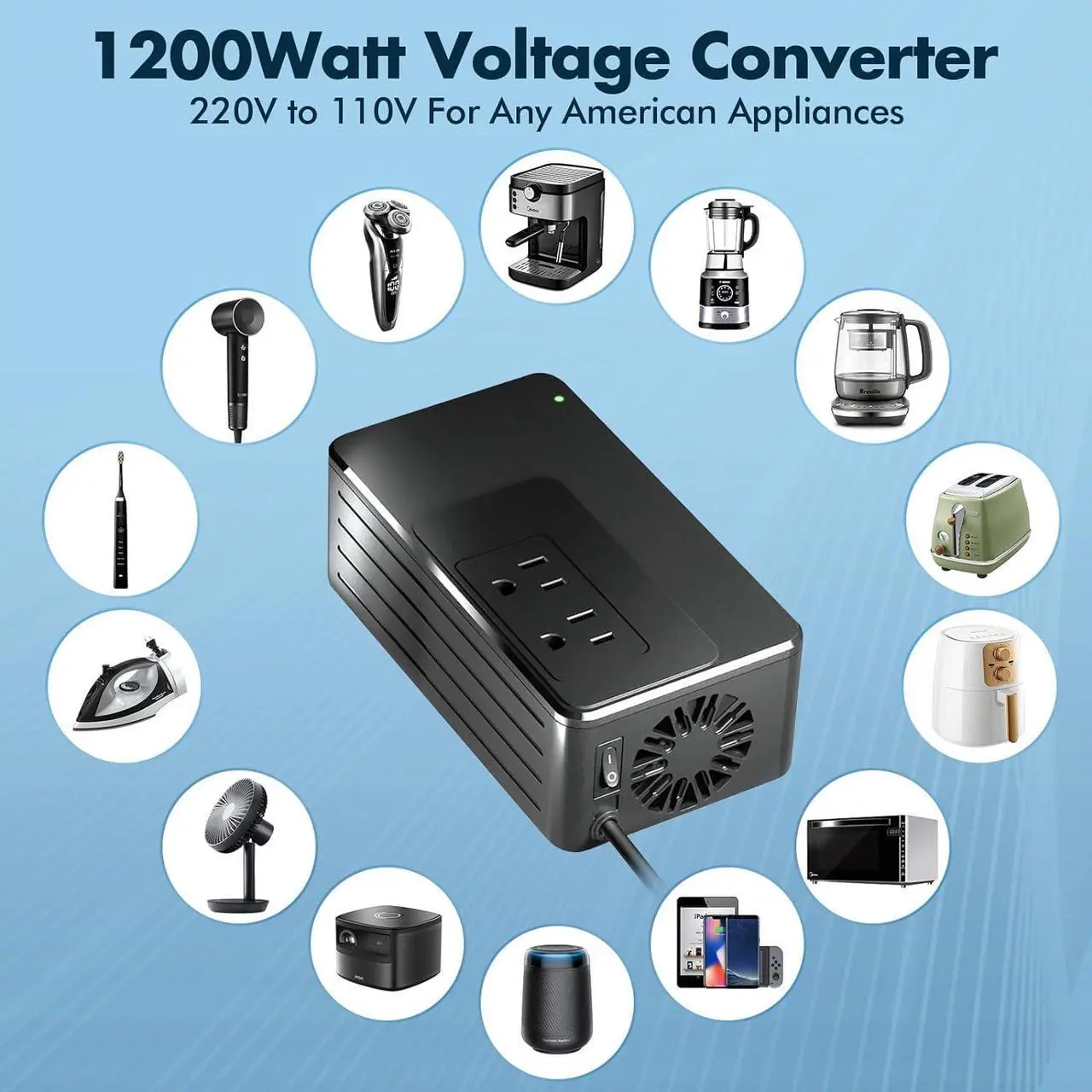 Alt view image 5 of 7 - 1200W Universal Travel Adapter Converter Step-Down 220V to 110V, 2 lbs Light Weight, Stable Pure Sine Wave, for Hair dryers, straighteners, Curling Irons, Coffee Makers (Black)