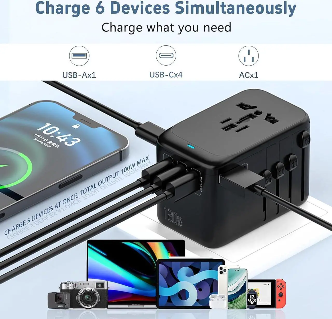 Alt view image 4 of 7 - 120W International Travel Adapter, 4USB-C & 1USB-A Worldwide Power Adapter, GaN Fast Charger with UK EU AU US Plugs, All-in-One International Converter for Tablets Phones