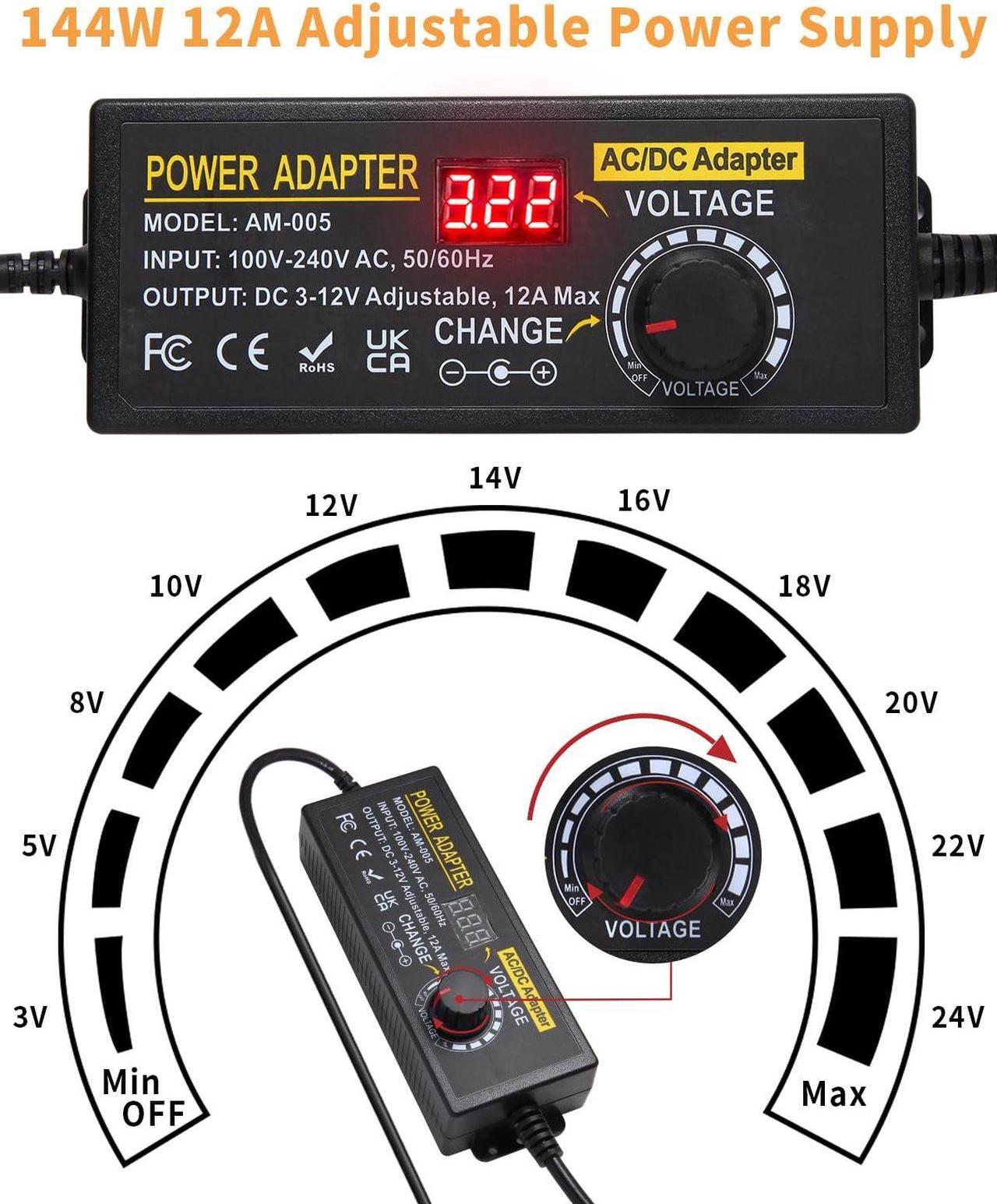 Alt view image 2 of 7 - 3~12V 12A 144W Adjustable Universal Power Supply Adapter, 3V 4V 5V 6V 7V 8V 9V 10V 11V 12V Variable DC Power Supply with Voltage Display 100V-240V 50-60Hz AC to DC Converter for LED Strip Light Router