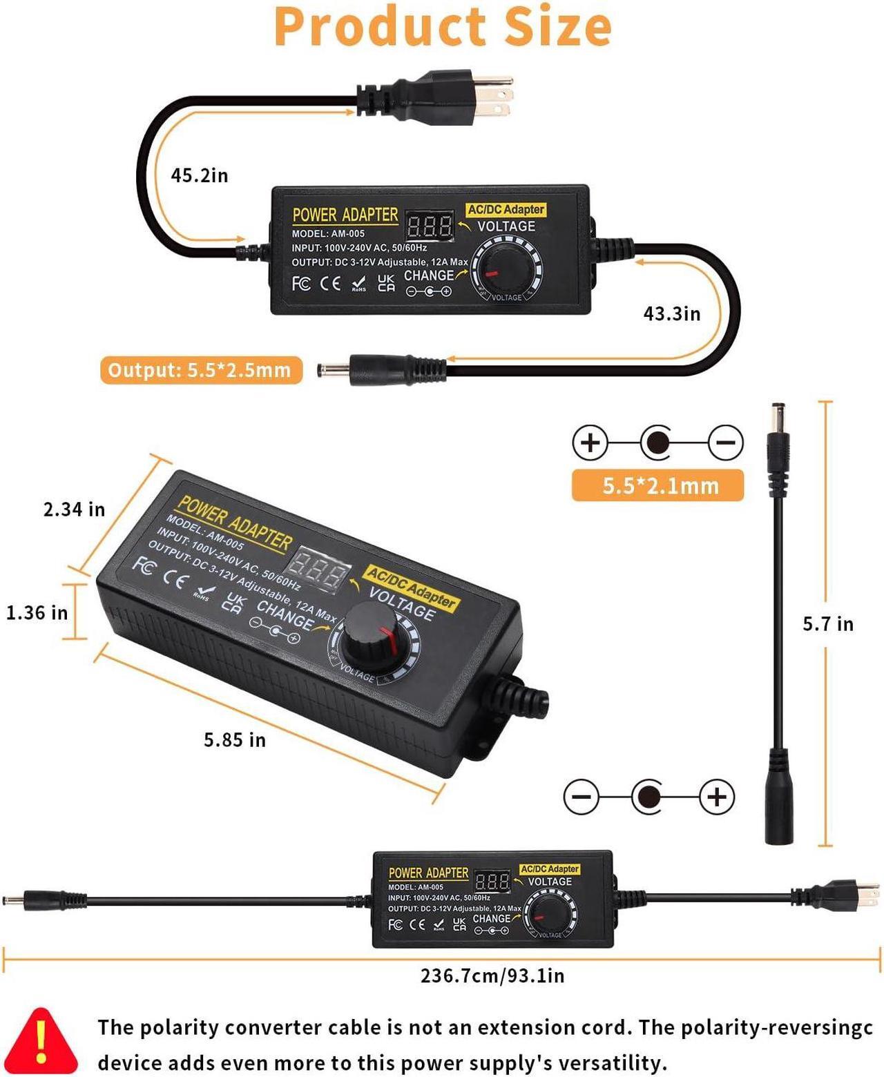 Alt view image 3 of 7 - 3~12V 12A 144W Adjustable Universal Power Supply Adapter, 3V 4V 5V 6V 7V 8V 9V 10V 11V 12V Variable DC Power Supply with Voltage Display 100V-240V 50-60Hz AC to DC Converter for LED Strip Light Router