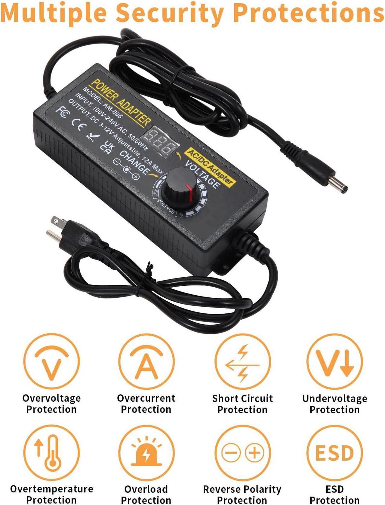 Alt view image 5 of 7 - 3~12V 12A 144W Adjustable Universal Power Supply Adapter, 3V 4V 5V 6V 7V 8V 9V 10V 11V 12V Variable DC Power Supply with Voltage Display 100V-240V 50-60Hz AC to DC Converter for LED Strip Light Router