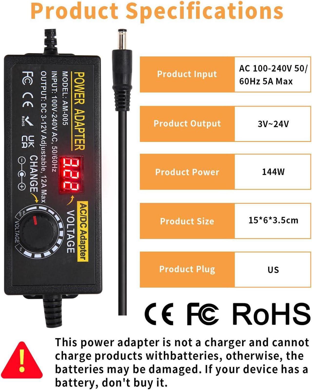 Alt view image 7 of 7 - 3~12V 12A 144W Adjustable Universal Power Supply Adapter, 3V 4V 5V 6V 7V 8V 9V 10V 11V 12V Variable DC Power Supply with Voltage Display 100V-240V 50-60Hz AC to DC Converter for LED Strip Light Router