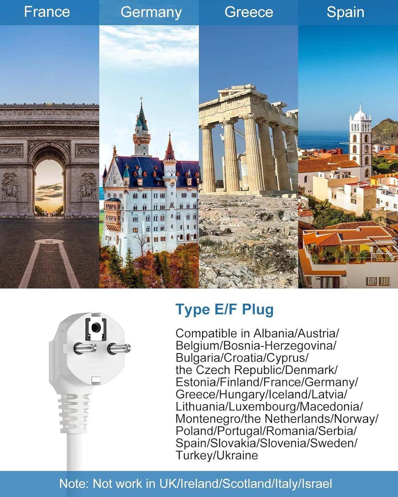 Alt view image 2 of 7 - Type E F Plug Adapter, Germany France Travel Plug Adapter with 3 Outlets 3 USB PortsSchuko Plug Power Adaptor for US to Europe EU Spain Iceland Korea Greece Norway Russia German French, 4ft