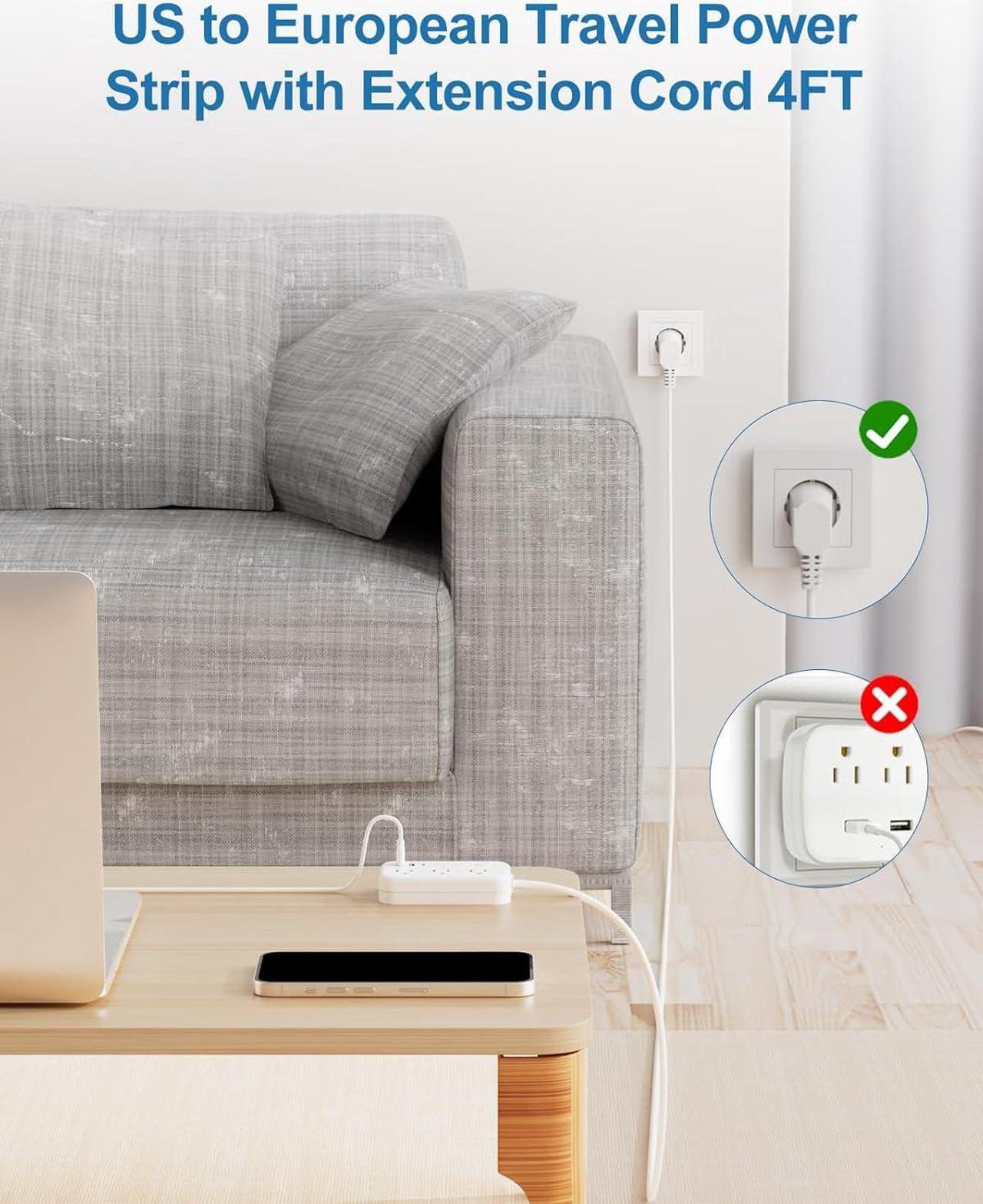 Alt view image 5 of 7 - Type E F Plug Adapter, Germany France Travel Plug Adapter with 3 Outlets 3 USB PortsSchuko Plug Power Adaptor for US to Europe EU Spain Iceland Korea Greece Norway Russia German French, 4ft