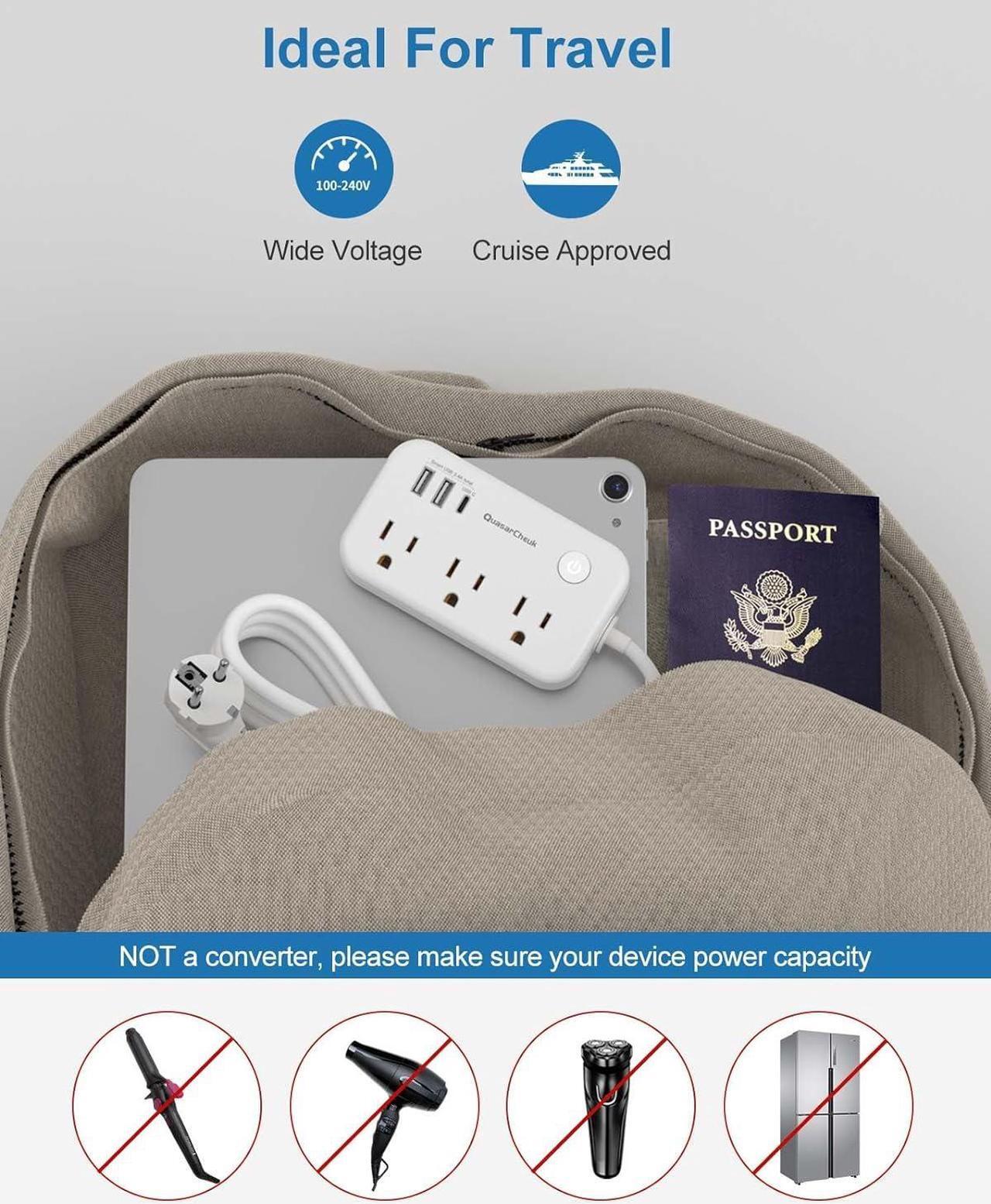 Alt view image 6 of 7 - Type E F Plug Adapter, Germany France Travel Plug Adapter with 3 Outlets 3 USB PortsSchuko Plug Power Adaptor for US to Europe EU Spain Iceland Korea Greece Norway Russia German French, 4ft
