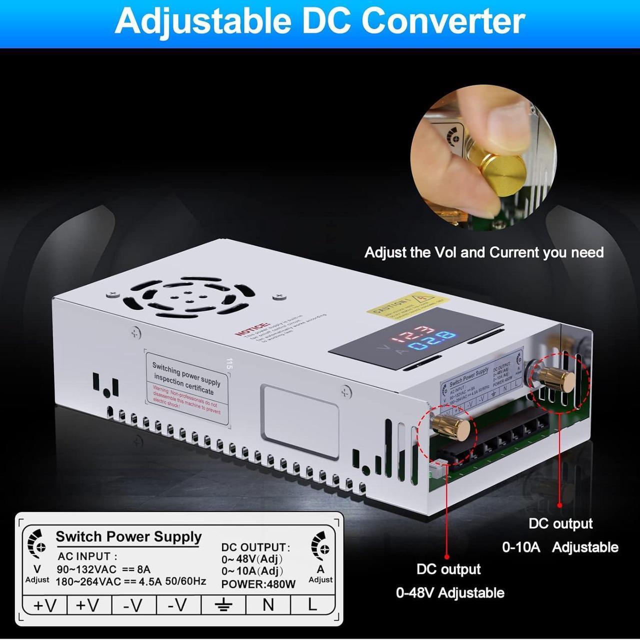 Alt view image 3 of 7 - New Version DC Converter Digital Display 110V, 48V Adjustable dc Power Supply 480W 10A,Variable Switch Transformer Regulated 5V 10V 12V 24V 48V Buck Converter for Car,CCTV Computer Lab.