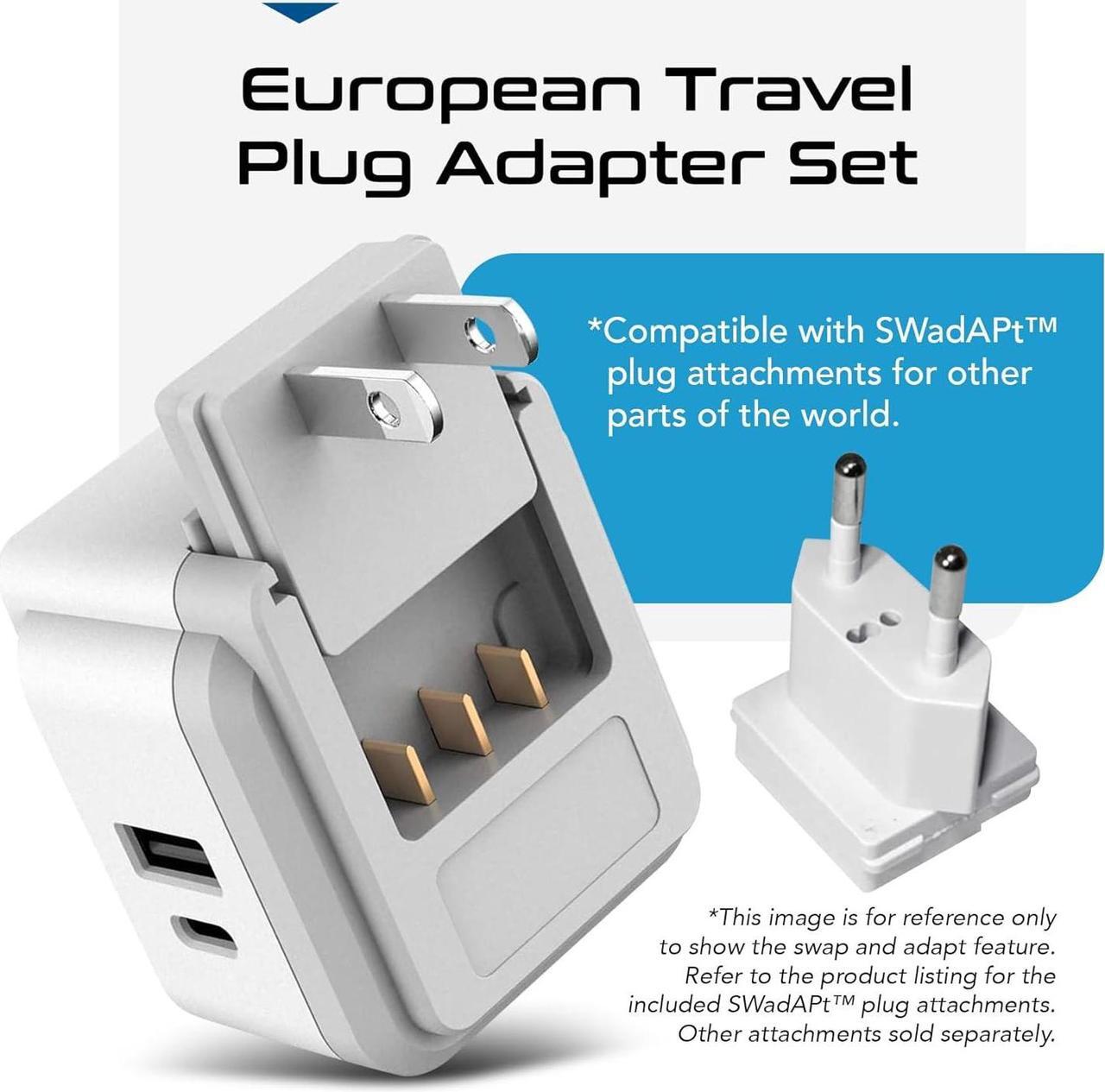 Alt view image 5 of 7 - European Plug Travel Adapter Set 20W PD & QC Safe Dual USB & USB-C - 2 USA Socket - Compact - Use in Germany France Italy UK - Includes Type E/F Type C Type G SWadAPt Attachments