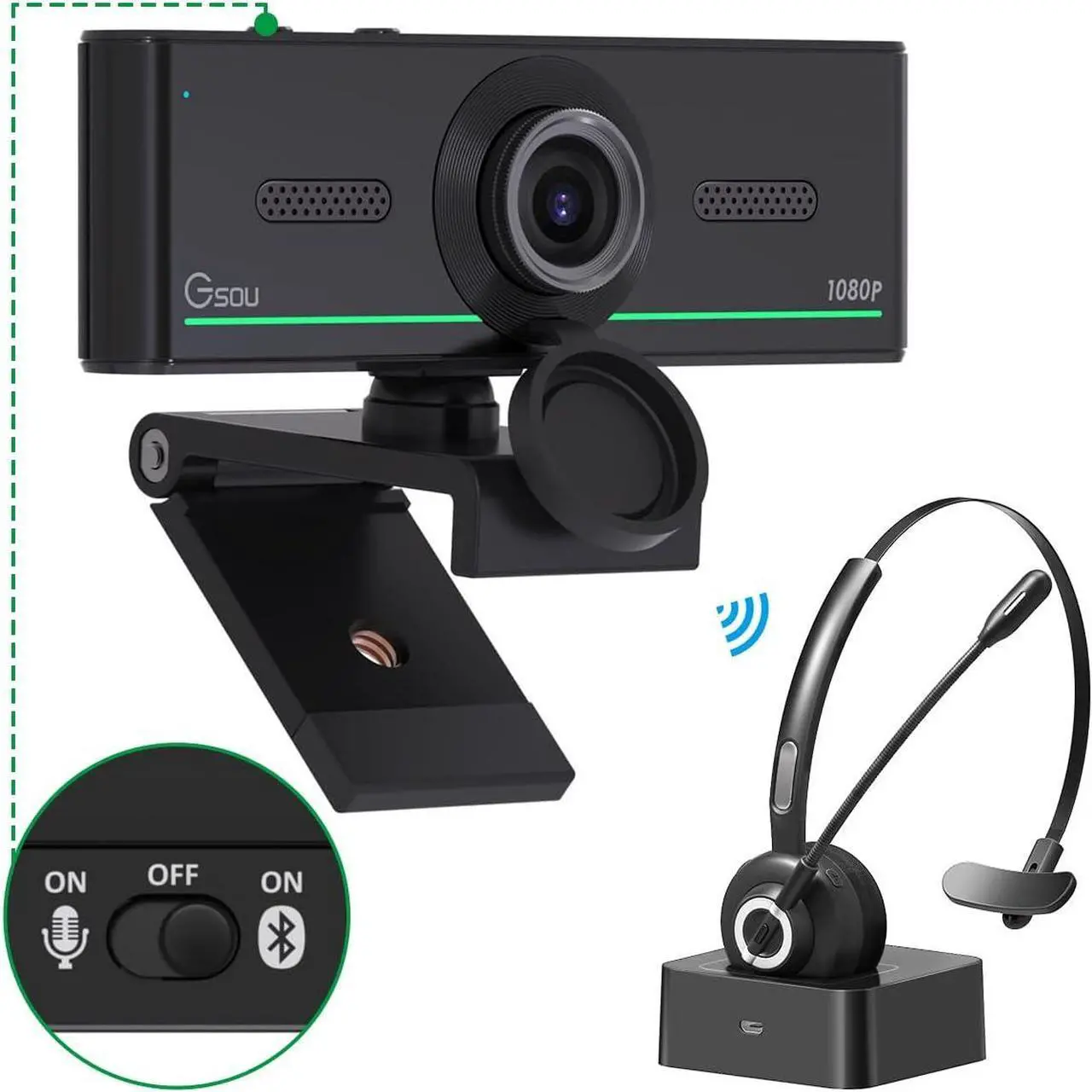 Main image of Webcam with Headset and Microphone, Webcam with Wireless Headset, 1080P Webcam with Privacy Cover, Plug and Play Web Camera for desktop Computer Zoom Meetings, Audio Bluetooth only for Headset