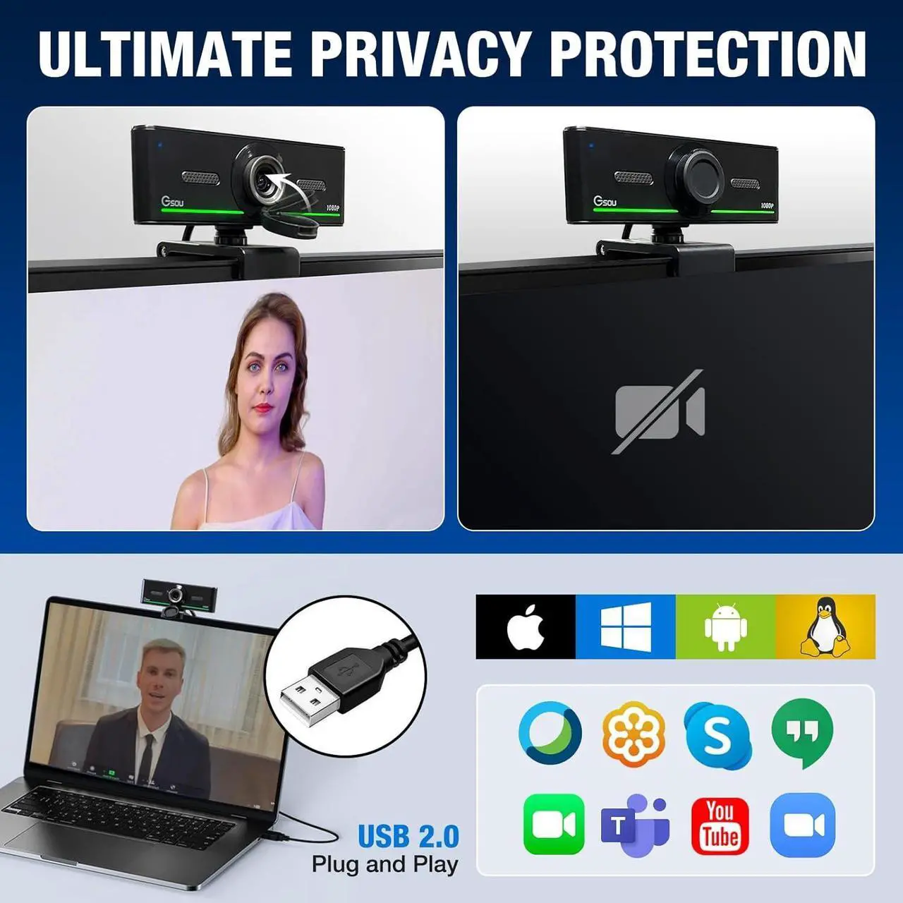 Alt view image 5 of 7 - Webcam with Headset and Microphone, Webcam with Wireless Headset, 1080P Webcam with Privacy Cover, Plug and Play Web Camera for desktop Computer Zoom Meetings, Audio Bluetooth only for Headset
