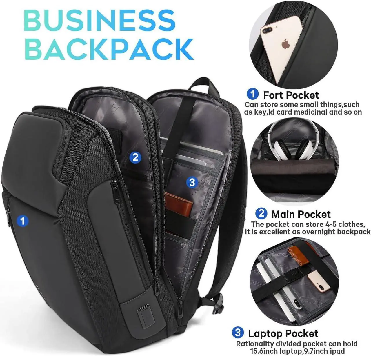 Alt view image 3 of 7 - BANGE Travel Backpacks, Overnight Laptop Carry-On Backpack for Airplanes, Waterproof 15.6 inch Laptop Backpack for Men and Women