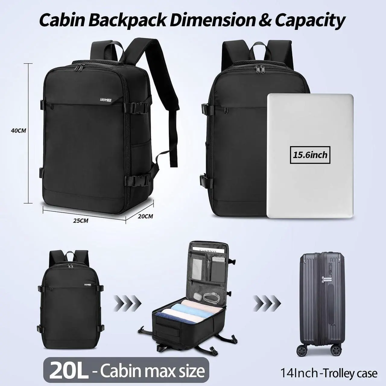 Alt view image 5 of 7 - HOMIEE Ryanair Personal Item 40x20x25 Travel Bag, 20L Carry on Backpack Flight Approved Underseat Hand Luggage Cabin Bag Fits 15.6 Inch Laptop for Weekender Gifts, Black