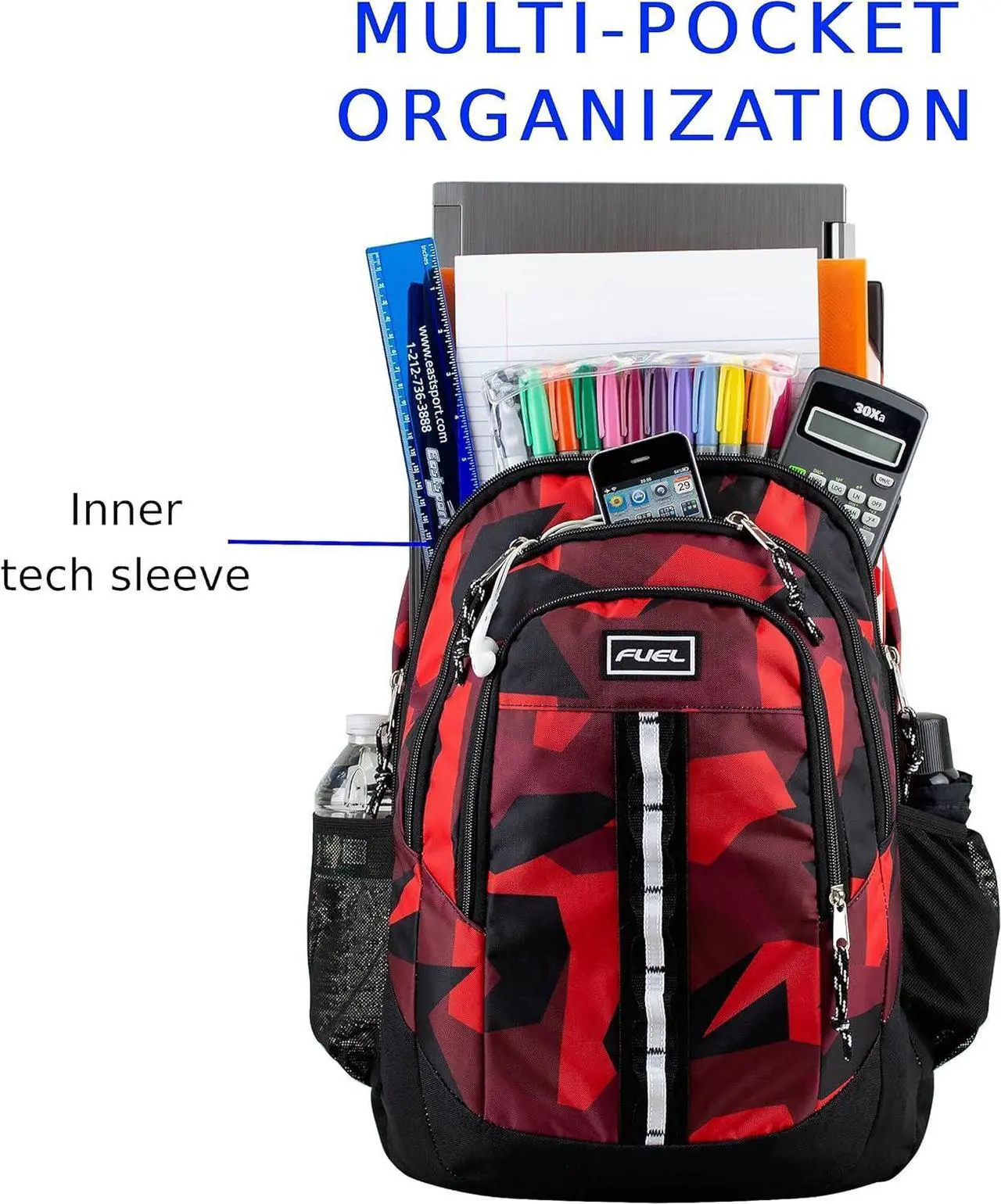 Alt view image 6 of 7 - FUEL Travel Laptop Carry On Backpack Sport Shock Multi Large Compartments for College Bookbag, Hiking, Work, 18.5 x 13 x 7 Inches, Red Camouflage