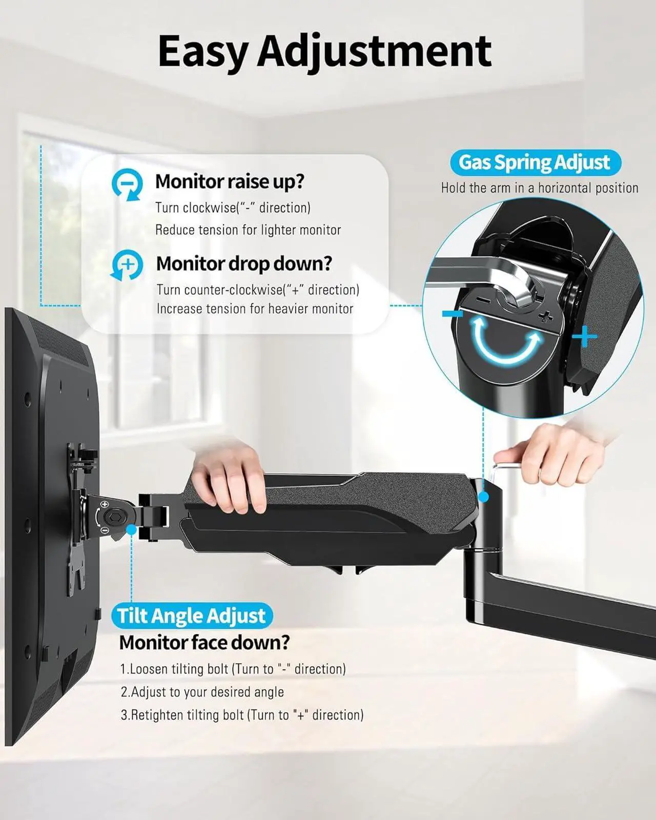 Alt view image 2 of 7 - MOUNTUP Single Monitor Wall Mount for Max 32 Inch Computer Screen, Fully Adjustable Gas Spring Monitor Arm, Wall Mounted Monitor Holder Support 2.2-17.6lbs Display, VESA Bracket Fit 75x75mm, 100x100mm