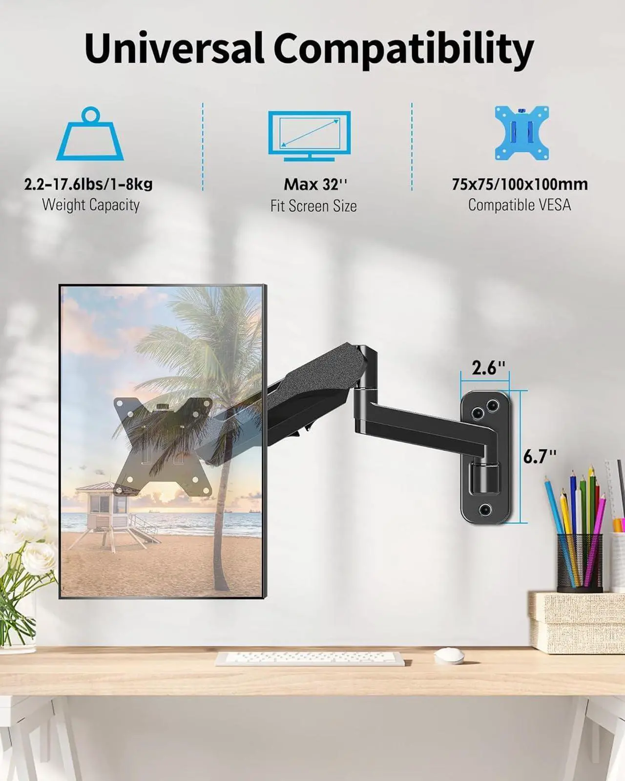 Alt view image 3 of 7 - MOUNTUP Single Monitor Wall Mount for Max 32 Inch Computer Screen, Fully Adjustable Gas Spring Monitor Arm, Wall Mounted Monitor Holder Support 2.2-17.6lbs Display, VESA Bracket Fit 75x75mm, 100x100mm