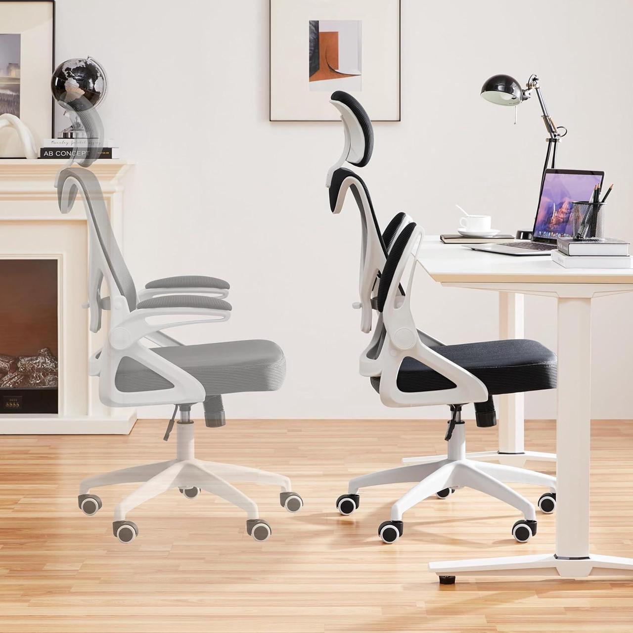 Alt view image 2 of 7 - Yaheetech Ergonomic Mesh Office Chair, High Back Desk Chair with flip-up Armrests, Adjustable Padded Headrest Computer Chair with Lumbar Support for Home Oiffce Game Room, White/Black