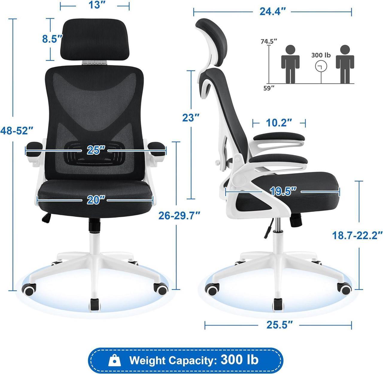 Alt view image 3 of 7 - Yaheetech Ergonomic Mesh Office Chair, High Back Desk Chair with flip-up Armrests, Adjustable Padded Headrest Computer Chair with Lumbar Support for Home Oiffce Game Room, White/Black
