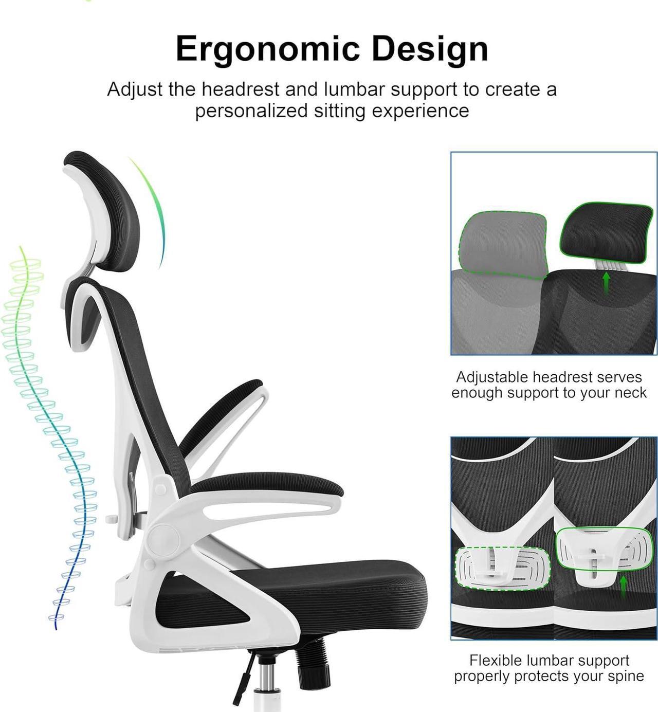 Alt view image 6 of 7 - Yaheetech Ergonomic Mesh Office Chair, High Back Desk Chair with flip-up Armrests, Adjustable Padded Headrest Computer Chair with Lumbar Support for Home Oiffce Game Room, White/Black