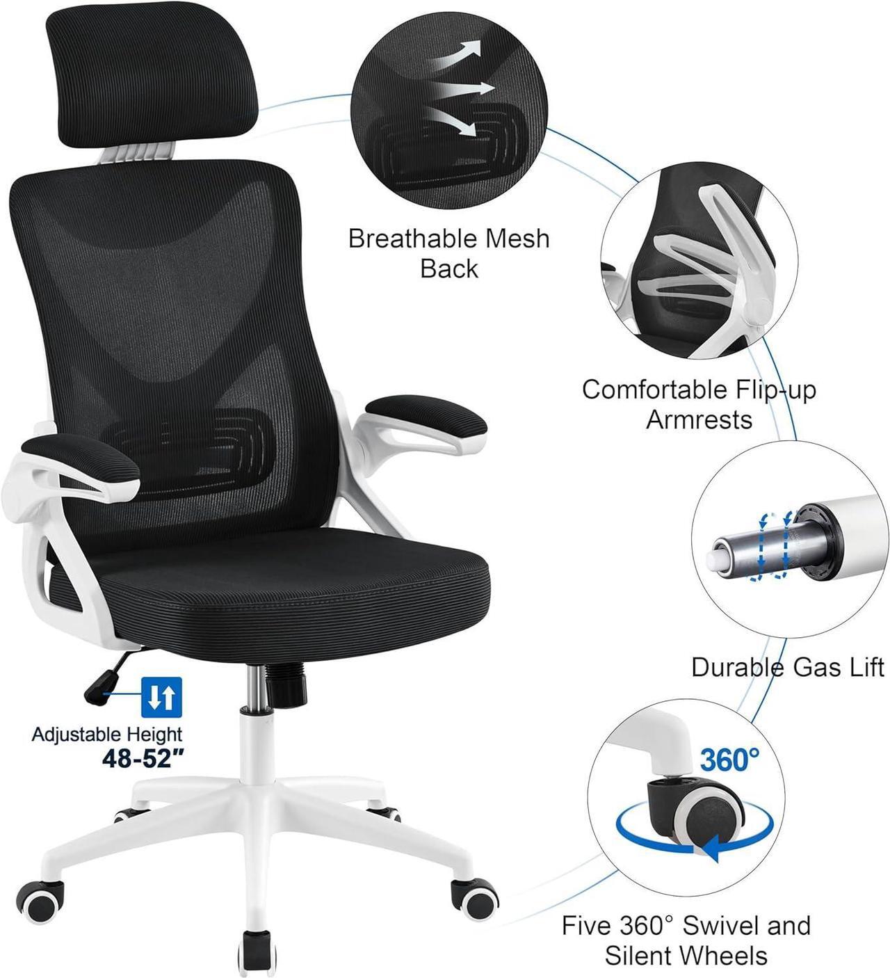 Alt view image 7 of 7 - Yaheetech Ergonomic Mesh Office Chair, High Back Desk Chair with flip-up Armrests, Adjustable Padded Headrest Computer Chair with Lumbar Support for Home Oiffce Game Room, White/Black