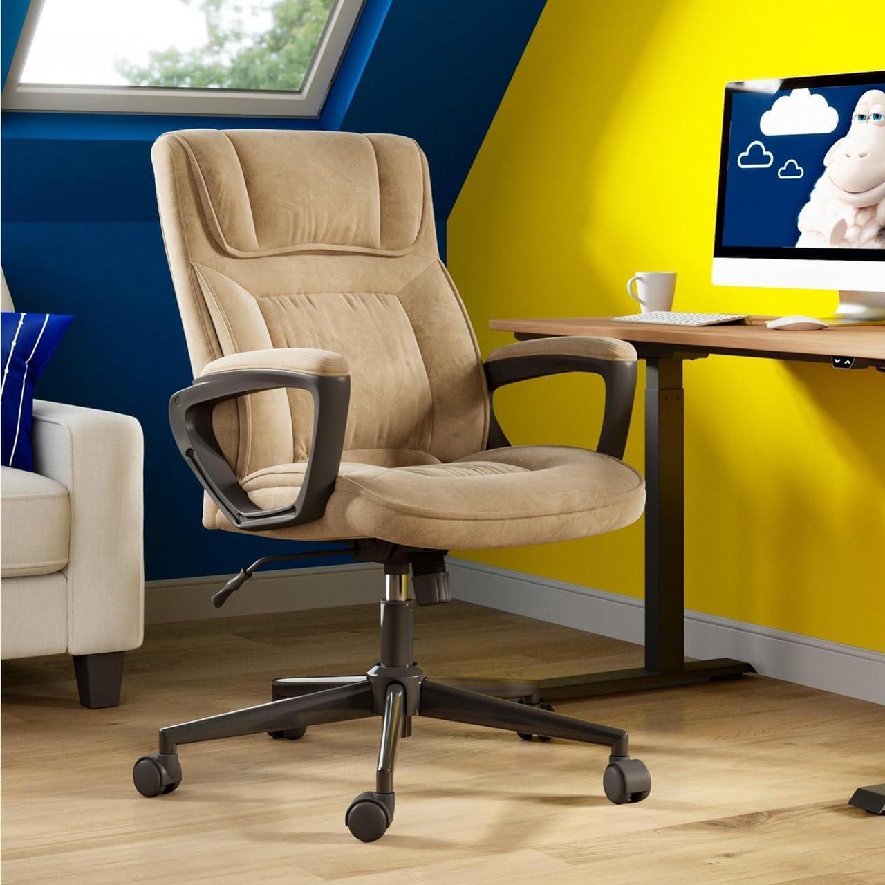 Alt view image 2 of 7 - Serta Hannah Executive Microfiber Office Chair with Headrest Pillow, Adjustable Ergonomic with Lumbar Support, Soft Fabric, Beige