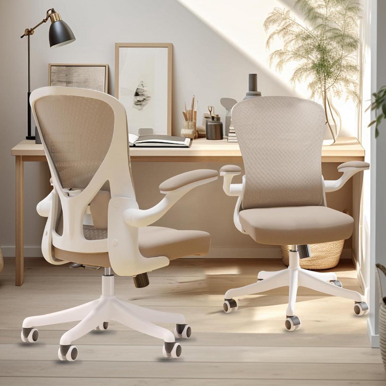 Main image of Office Chair, Ergonomic Desk Chair with Flip-Armrest & Cushion for Lumbar Support, Mid Back Computer Chair with Thickened Cushion, Desk Chair Comfy with Wheels for Study and Work, Khaki