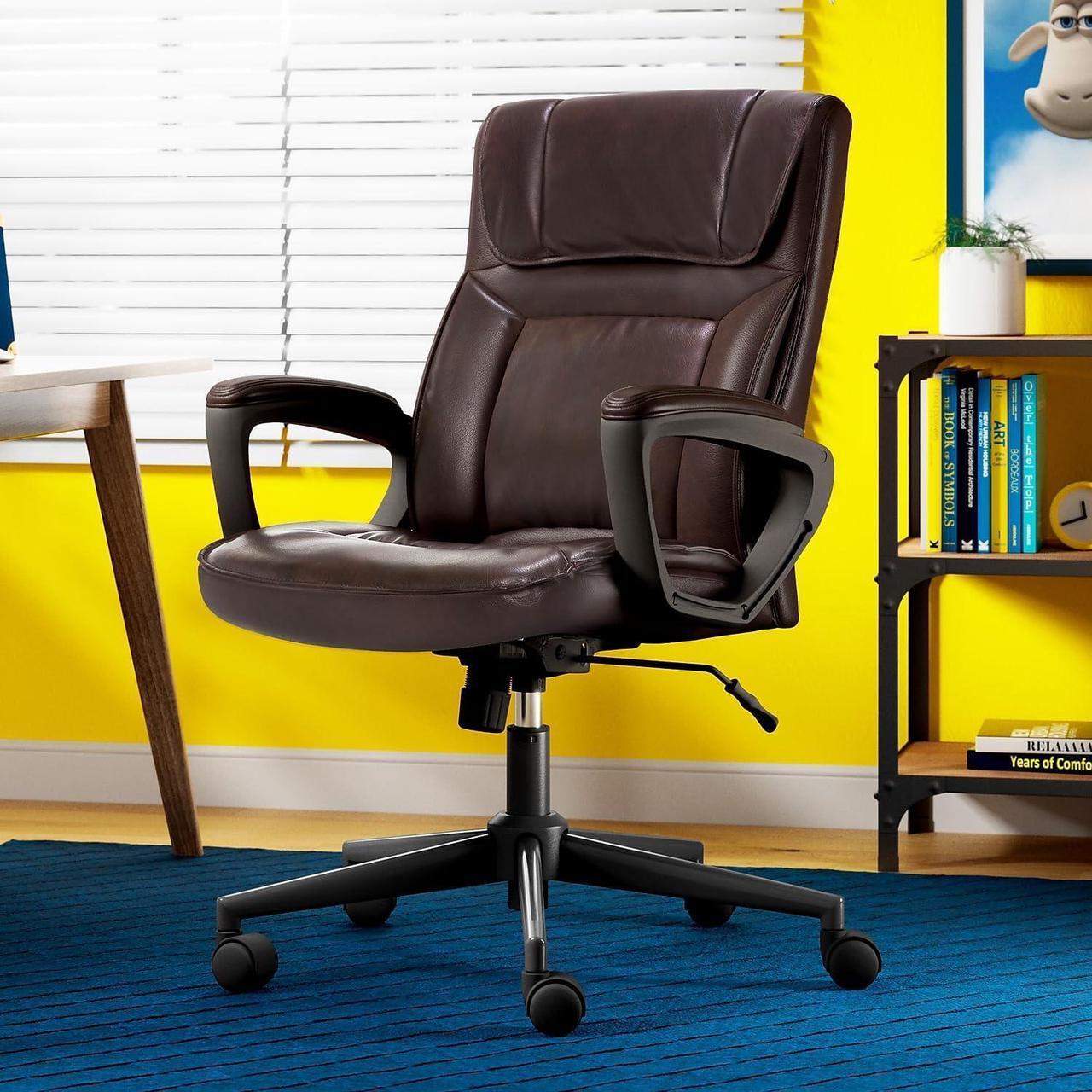 Alt view image 2 of 7 - Serta Hannah Executive Microfiber Office Chair with Headrest Pillow, Adjustable Ergonomic with Lumbar Support, Soft Fabric, Faux Leather, Brown