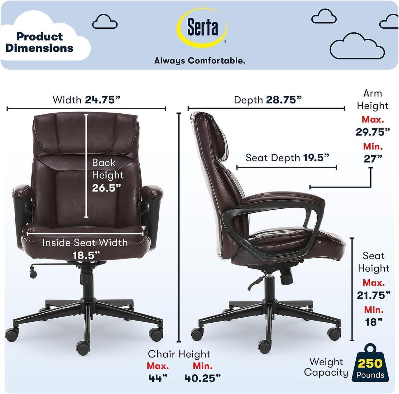 Alt view image 3 of 7 - Serta Hannah Executive Microfiber Office Chair with Headrest Pillow, Adjustable Ergonomic with Lumbar Support, Soft Fabric, Faux Leather, Brown