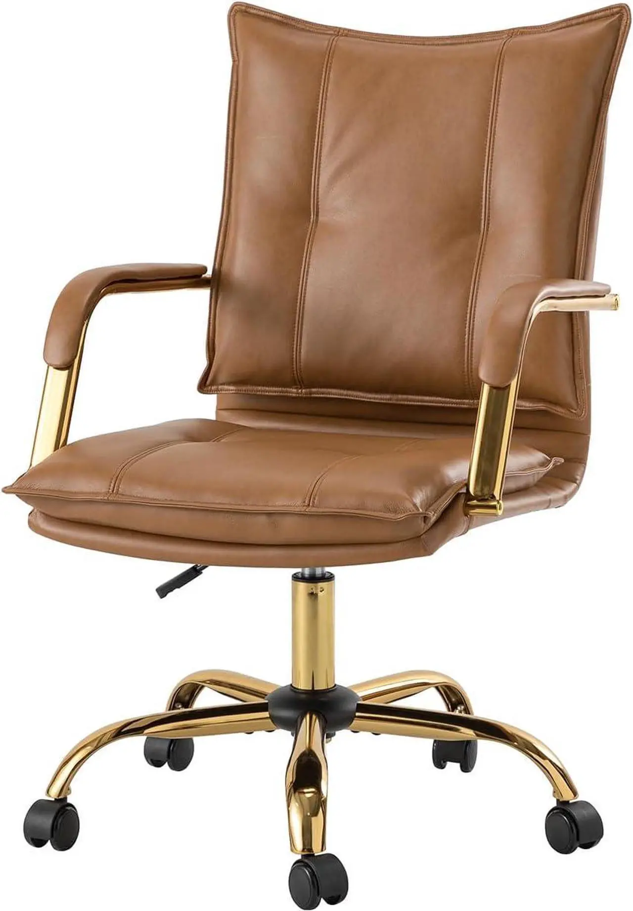 Alt view image 3 of 7 - HULALA HOME Faux Leather Home Office Desk Chair, Adjustable Swivel Computer Chair with Golden Legs and Arms, Comfy Upholstered Task Chair,Camel