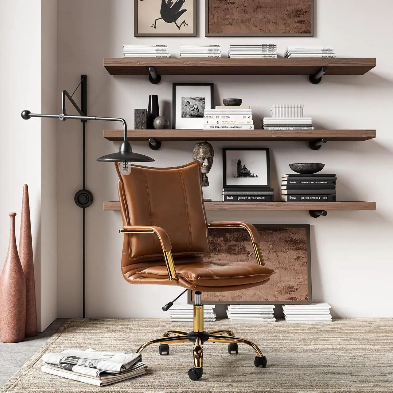 Alt view image 7 of 7 - HULALA HOME Faux Leather Home Office Desk Chair, Adjustable Swivel Computer Chair with Golden Legs and Arms, Comfy Upholstered Task Chair,Camel