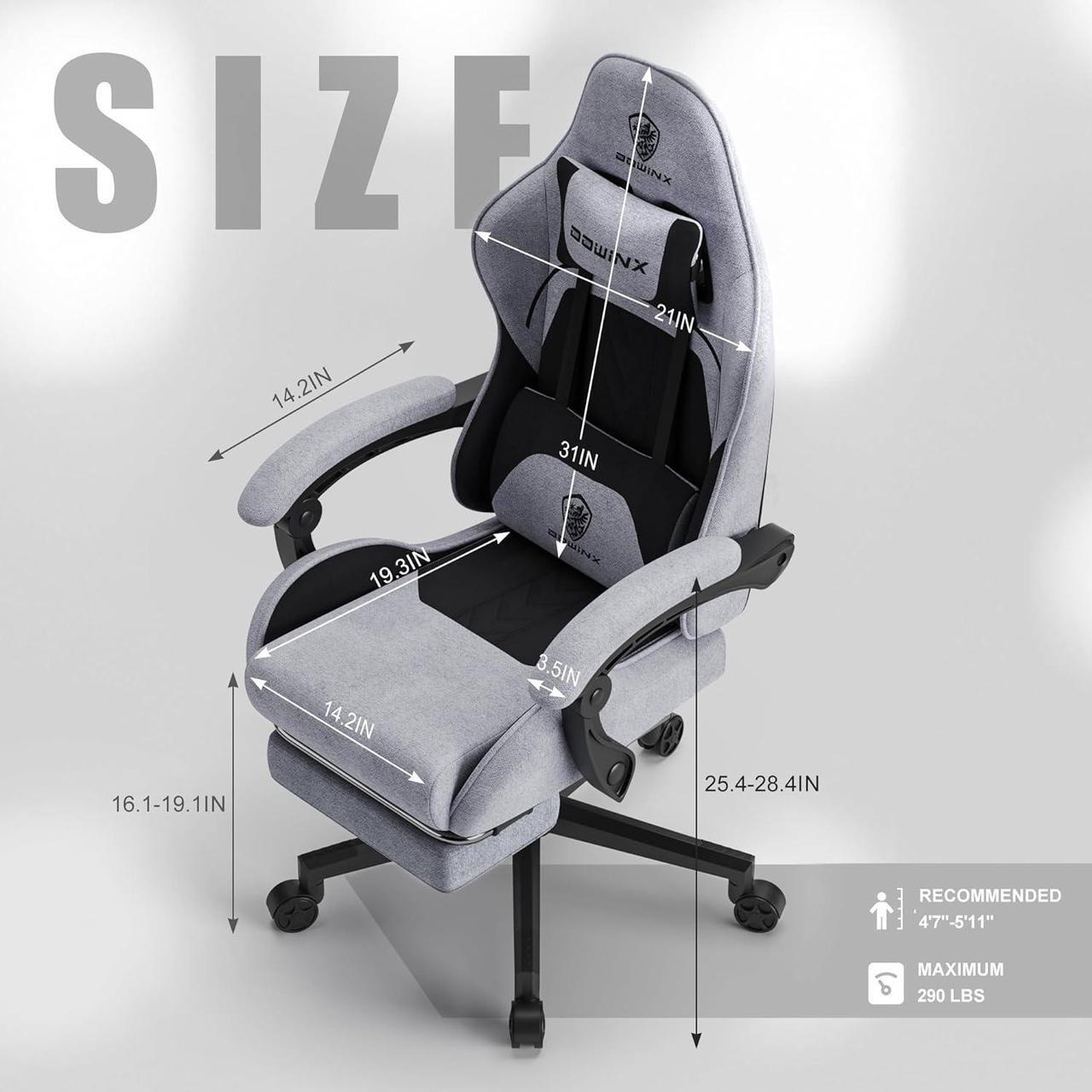 Alt view image 3 of 7 - Dowinx Gaming Chair Fabric with Pocket Spring Cushion, Massage Game Chair Cloth with Headrest, Ergonomic Computer Chair with Footrest 290LBS, Black and Grey