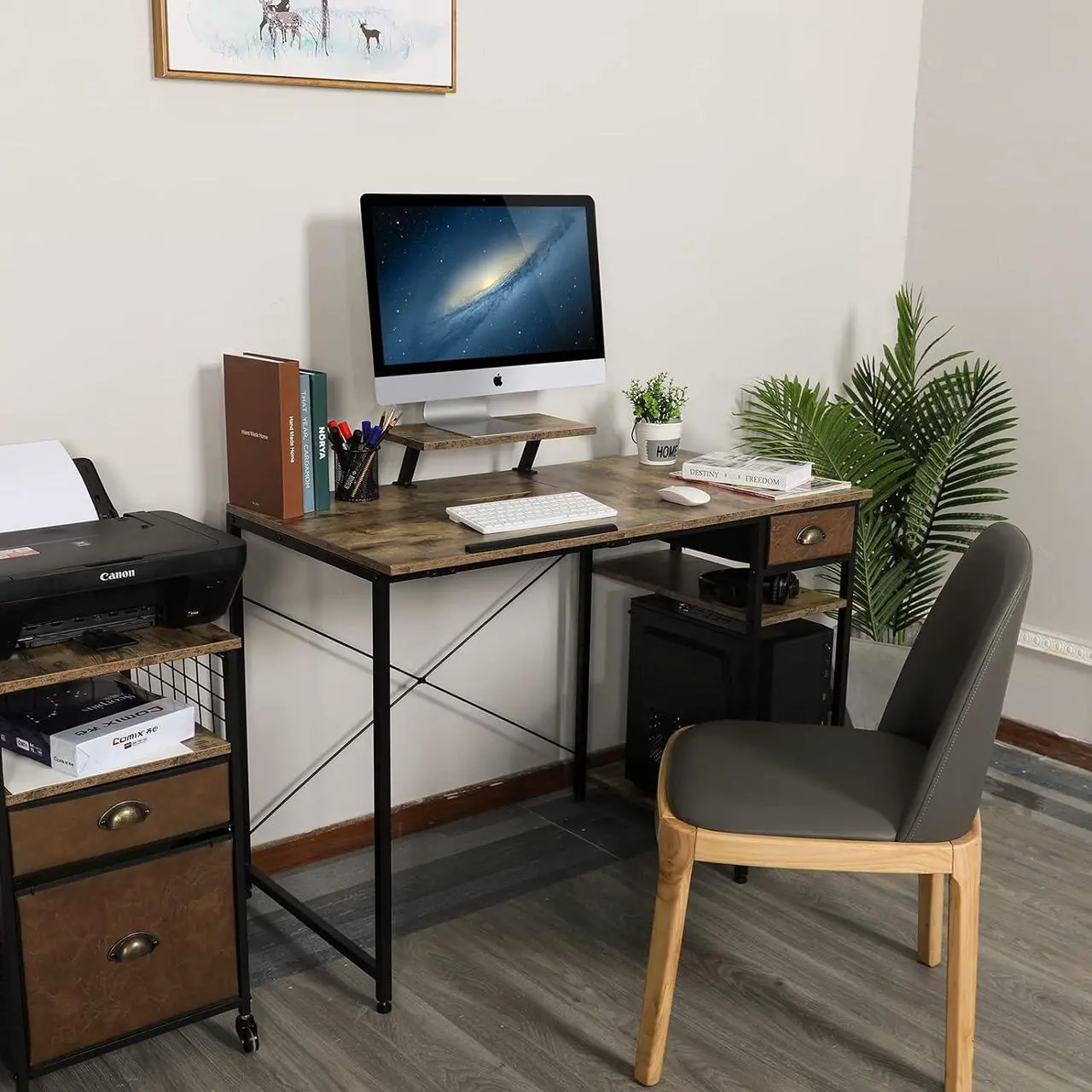 Alt view image 6 of 7 - X-cosrack Drafting Table with Storage Shelves & Drawer, 43" Adjustable Art Desk with Monitor Stand for Home Office Computer, Tiltable Draft Drawing Table for Artist, Study, Writing Workstation