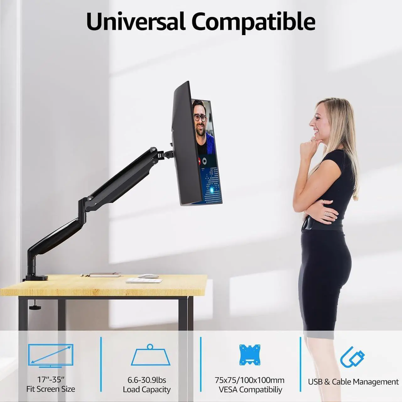 Alt view image 3 of 7 - MOUNTUP Ultrawide Single Monitor Arm for Max 35 Inch Screen, Heavy Duty Monitor Desk Mount Support 6.6-30.9lbs, Gas Spring Computer Monitor Stand for Desk, VESA Monitor Mount with Clamp & Grommet Base
