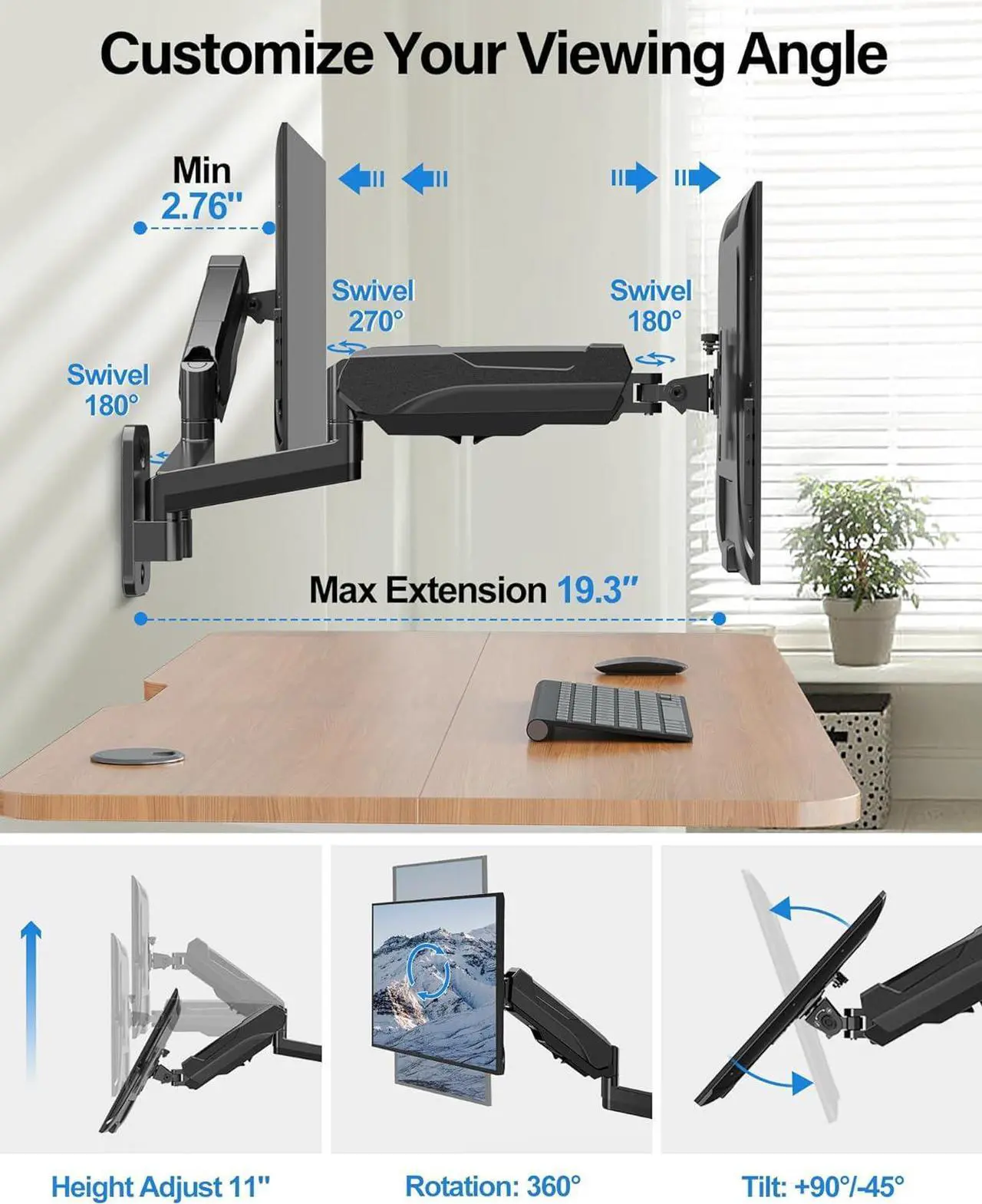 Alt view image 3 of 7 - MOUNTUP Dual Monitor Wall Mount for 2 Max 32 Inch Computer Screen, Fully Adjustable Gas Spring Double Monitor Arm, Wall Mounted Monitor Holder Support 2.2-17.6lbs Display, VESA Bracket 75x75, 100x100