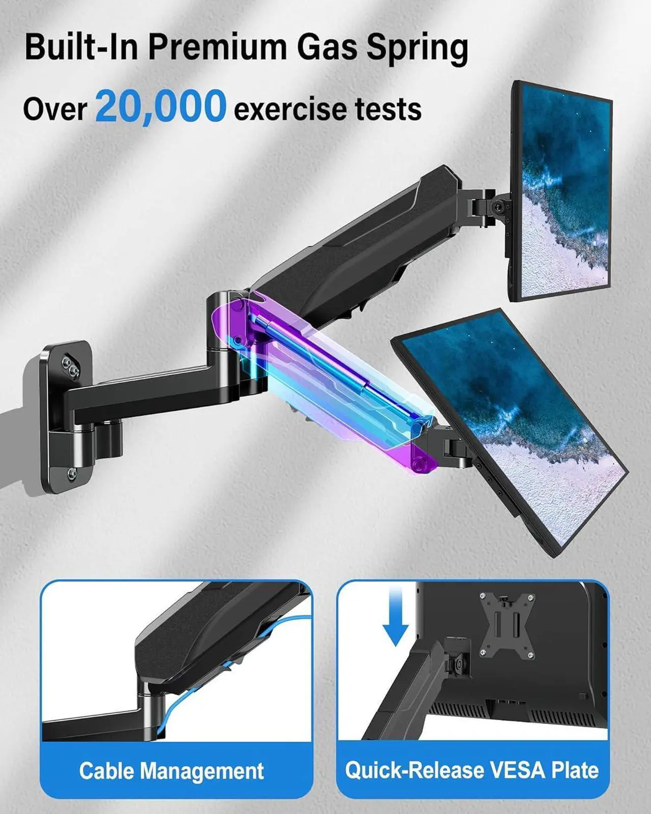 Alt view image 6 of 7 - MOUNTUP Dual Monitor Wall Mount for 2 Max 32 Inch Computer Screen, Fully Adjustable Gas Spring Double Monitor Arm, Wall Mounted Monitor Holder Support 2.2-17.6lbs Display, VESA Bracket 75x75, 100x100