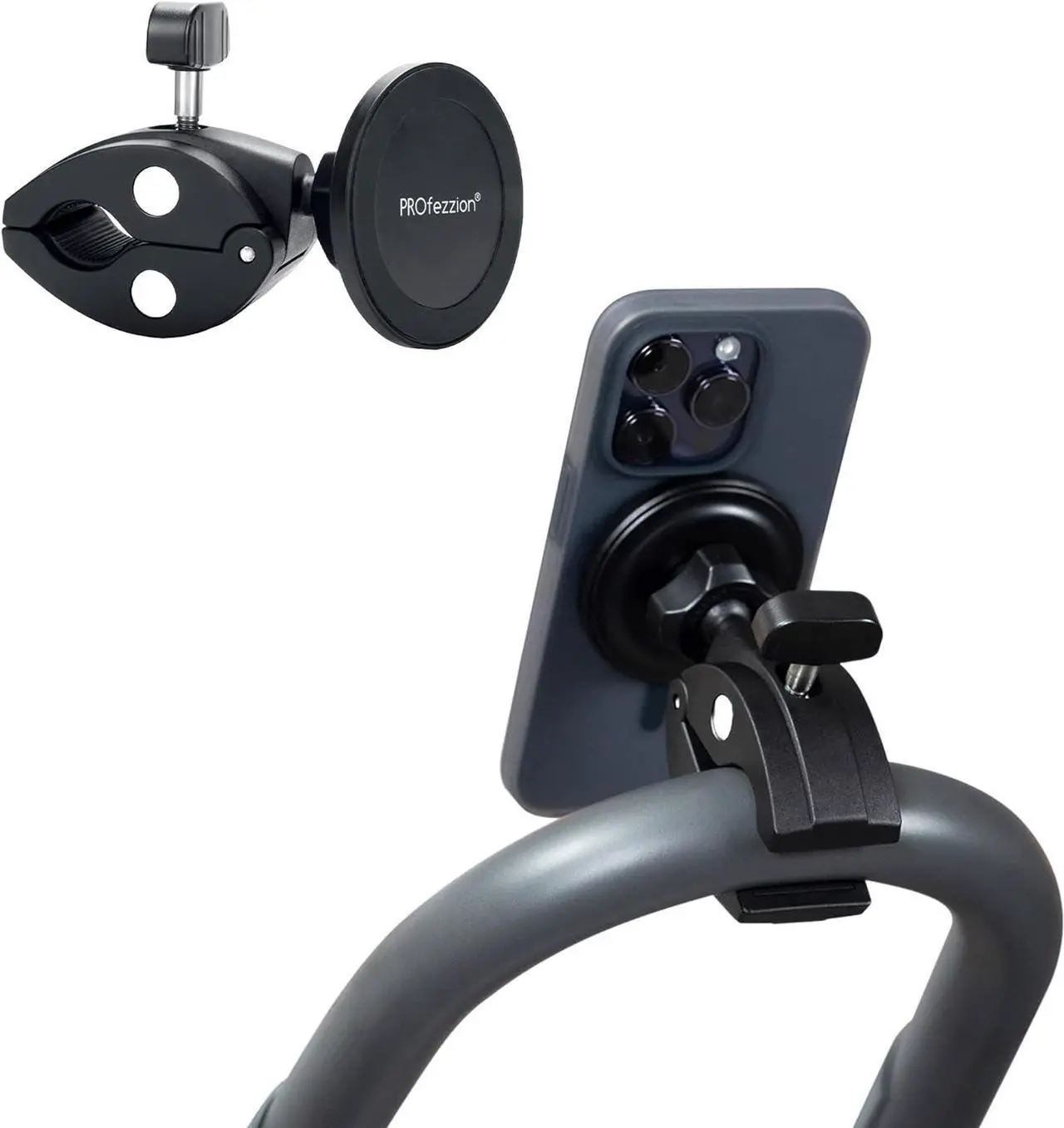 Main image of Phone Holder Mount Magnetic Accessories: Fitness Equipment Gym Motorcycle Handlebar, Exercise Bike, Treadmill, Stroller, Cart, for Magsafe iPhone 16 15 14 13 12 Plus Pro Max & All Phone Stand Clamp